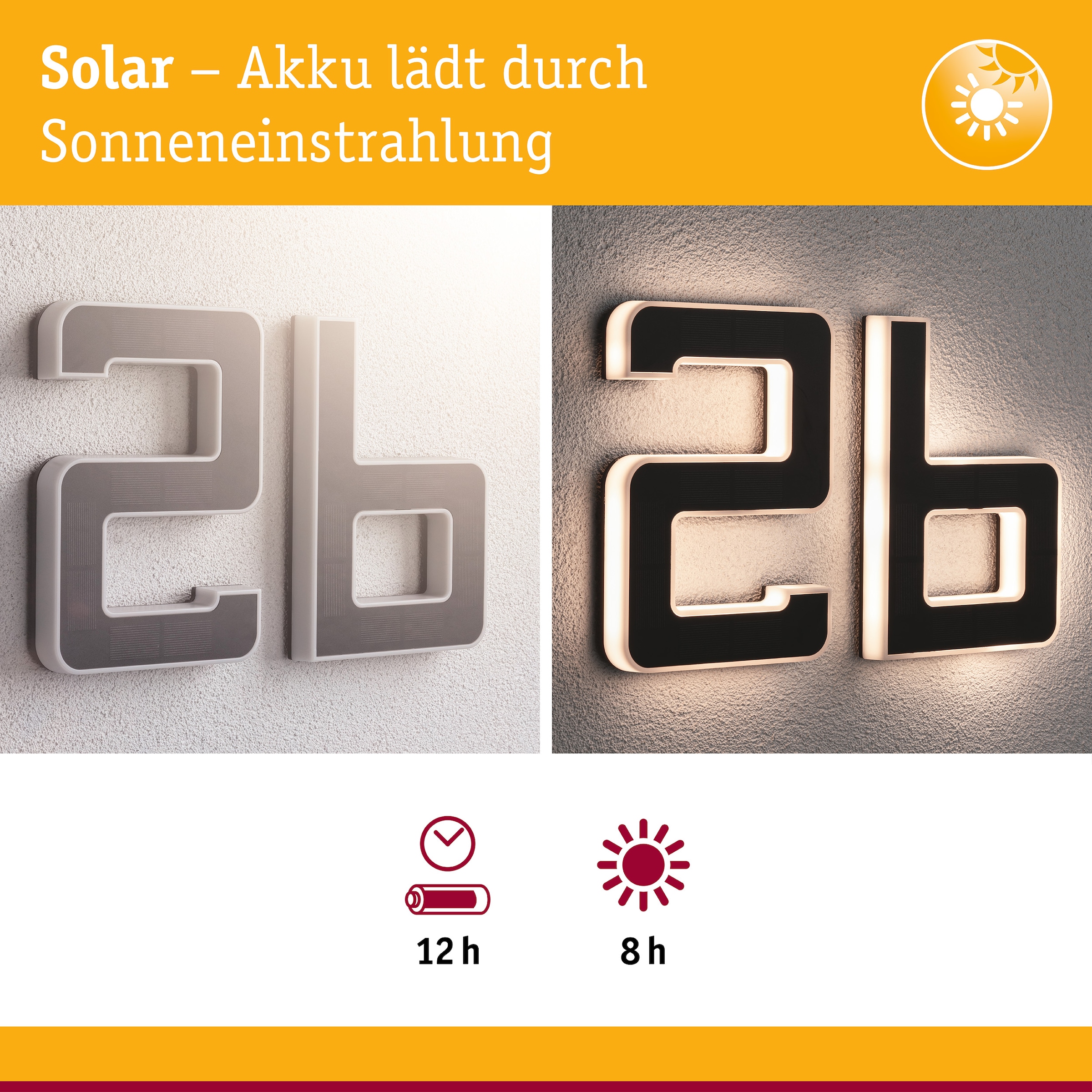 Paulmann LED Außen-Wandleuchte »Solar Hausnummer« LED-Modul 1 Stk. Warmweiß LED-Modul, Hausnummern, Buchstaben wählbar, Akku wechselbar