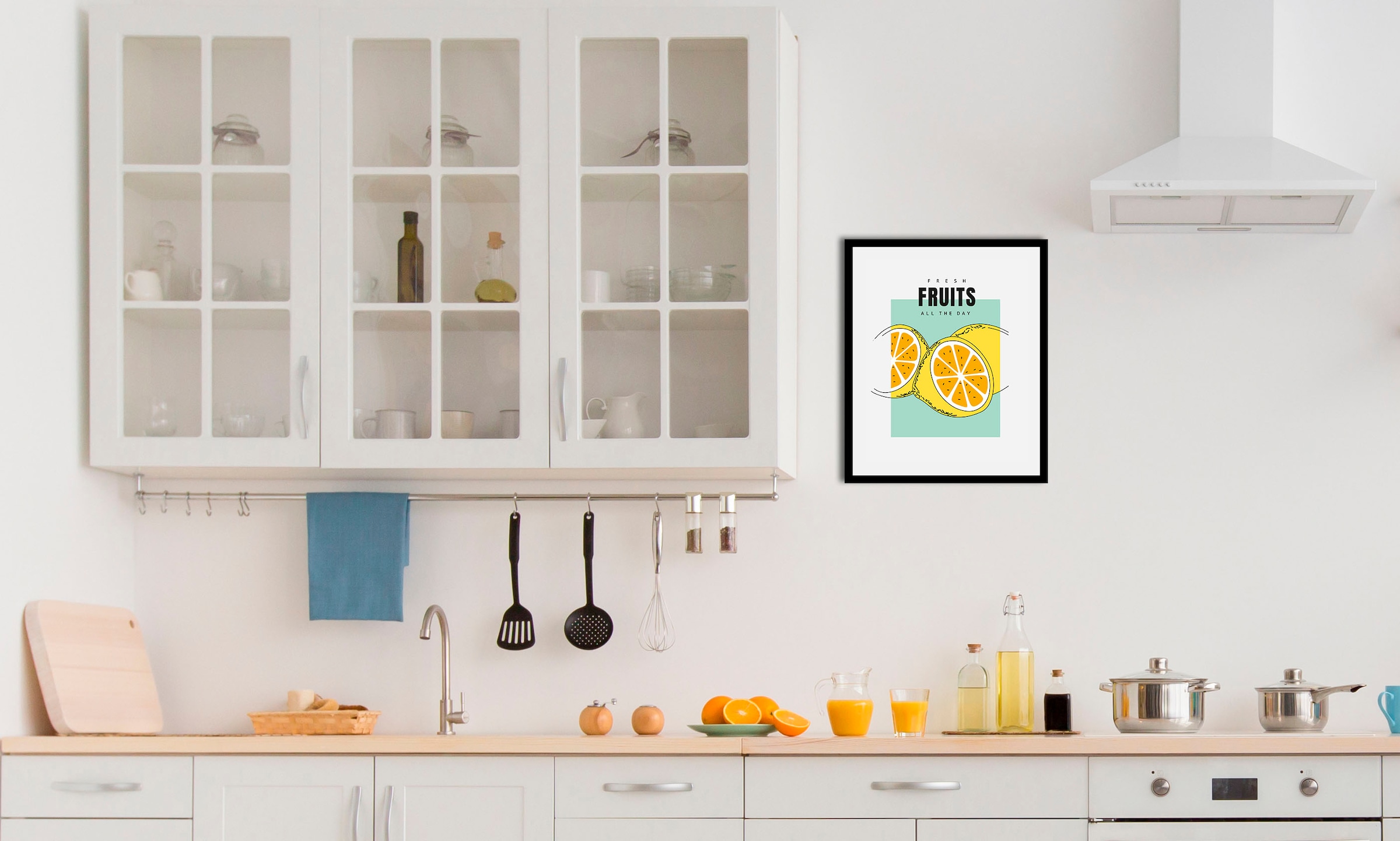 queence Bild »Fresh Fruits«, Obst-Obst Bilder-Essen-Lebensmittel-Kunst-Abstrakt-Schriftzug, (1 St.), HD Premium Poster-Druck inkl. Holzrahmen