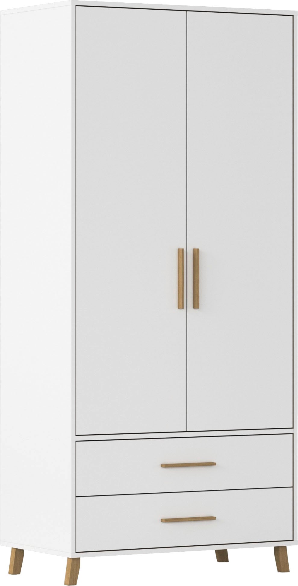 rauch "Kleiderschrank Schrank Garderobe SHINJO Breiten 93/140/187 cm" in 3 verschiedenen Ausstattungen BASIC/CLASSIC/PREMIUM, Griffe und Füße aus Massivholz mit 2 Schubladen MADE IN GERMANY