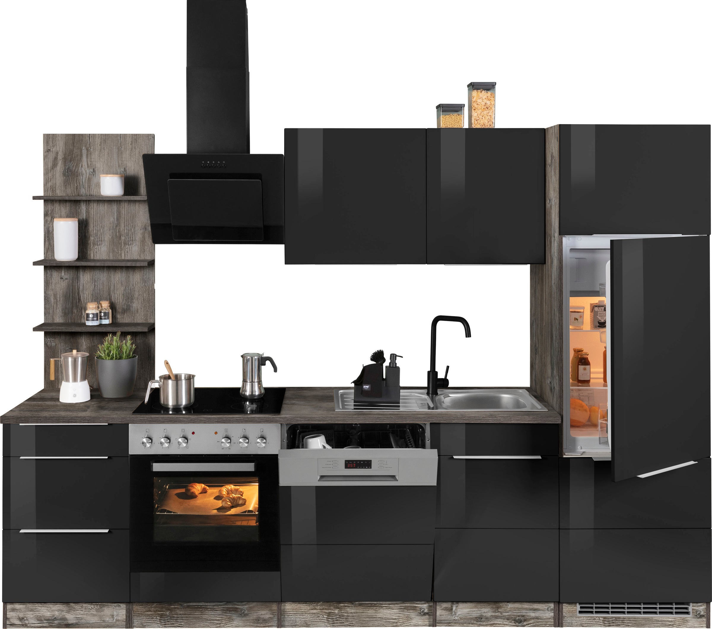 KOCHSTATION Küchenzeile »KS-Brindisi«, Breite 280 cm, wahlweise mit E-Geräten, mit MDF-Fronten und Regal