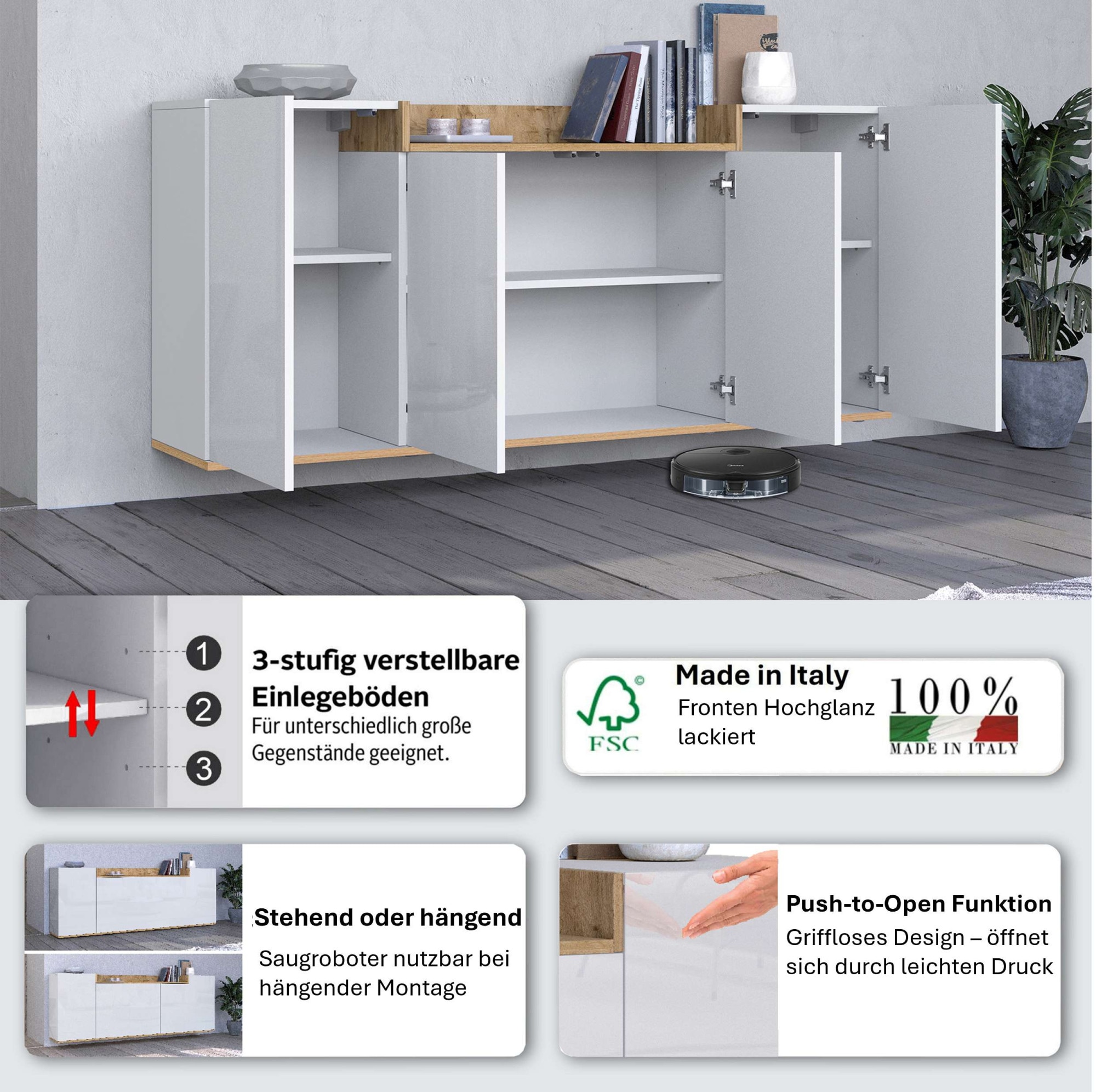 OTTO home Sideboard »BOLSENA, Kommode, Schrank,Lowboard mit 6 Fächer und offenes Ablagefach« 1 Stk. tlg. Breite 160 cm,stehend/hängend,Fronten Hochglanz lackiert,Made in Italy
