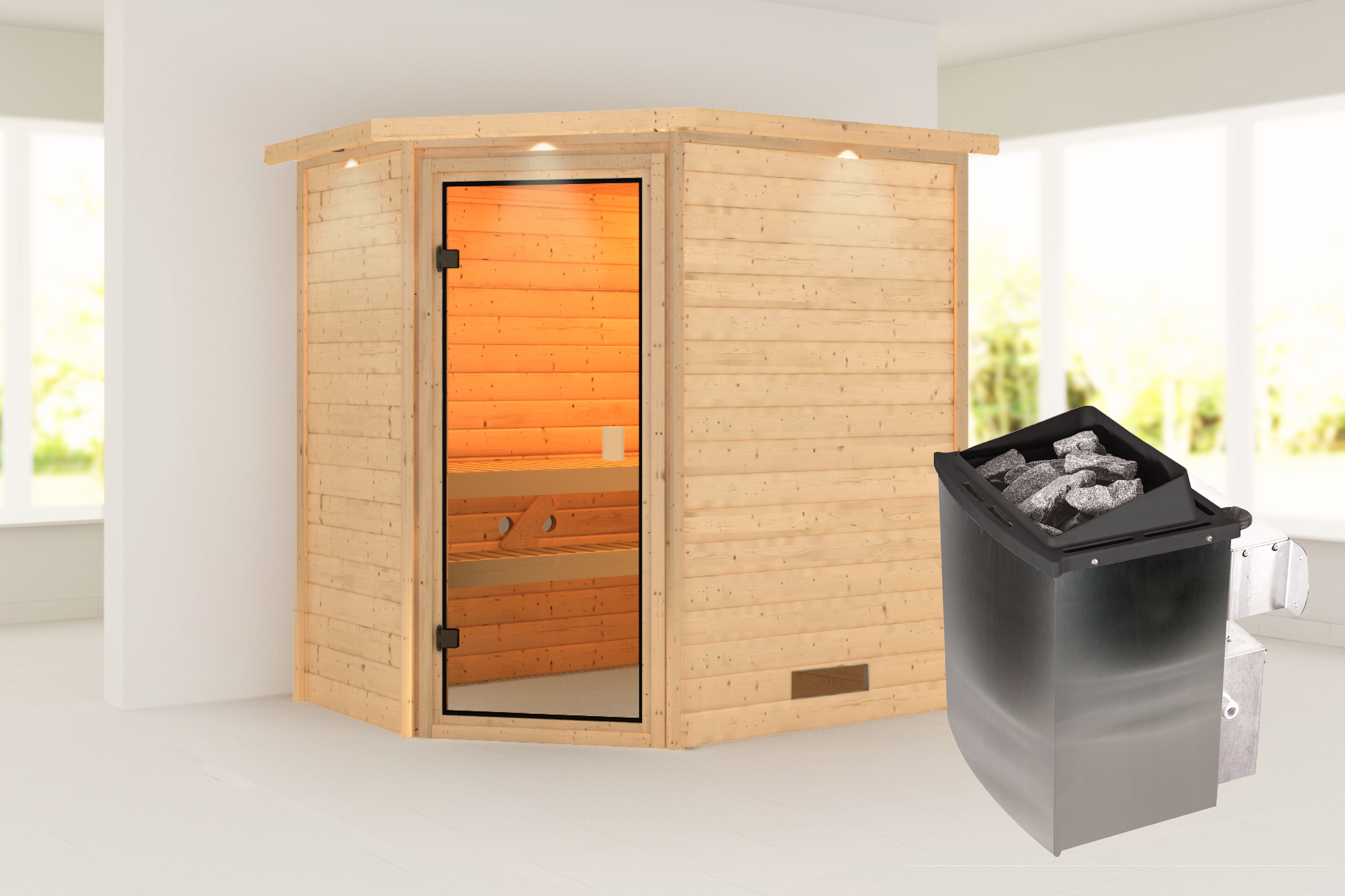 Karibu Sauna ""Juli" mit bronzierter Tür und Kranz SET, naturbelassen mit Ofen 9 kW" aus hochwertiger nordischer Fichte