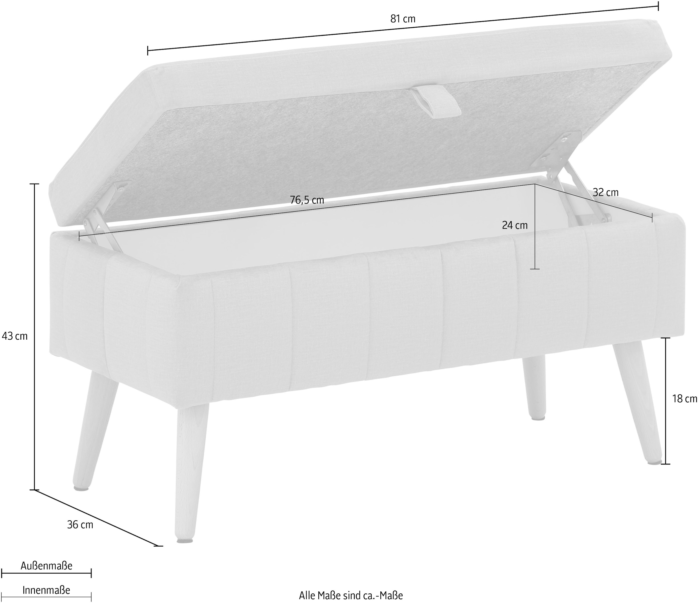 OTTO home Truhenbank »AMIRA Sitzbank mit Stauraum, Maße B/T/H: 81/36/43 cm« mit Staufach, in 3 Bezugsqualitäten mit feiner Steppung