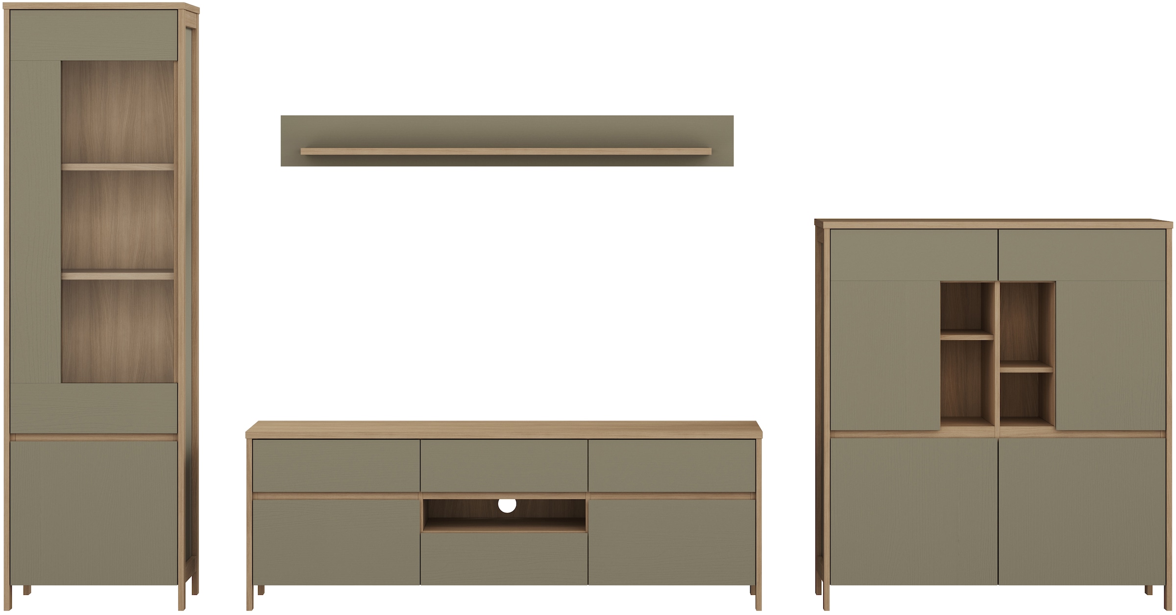 Home affaire Wohnwand »Stranda, moderne Anbauwand, Komplettset im Scandi-Style«, (4 St.), enthält Vitrine, Lowboard, Highboard und Wandboard, 364 cm breit