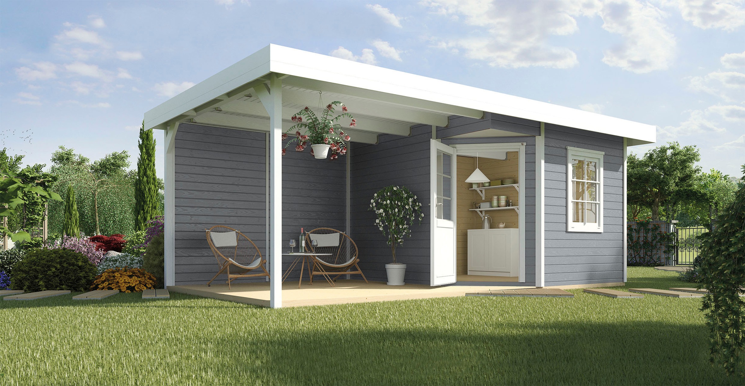 weka Gartenhaus »Designhaus 213 Plus«, (Set), mit Anbaudach und Rückwand