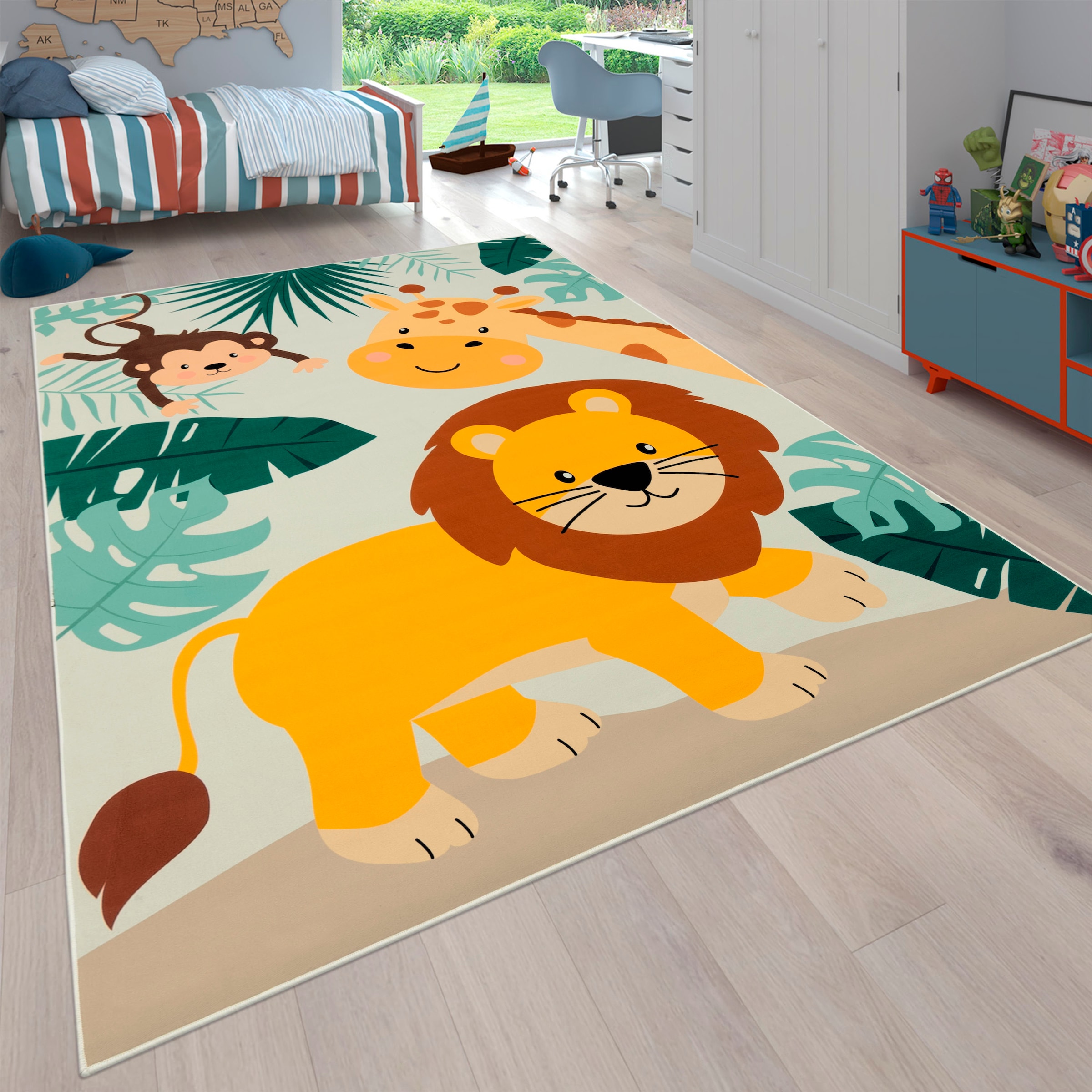 Paco Home Kinderteppich "Bino 582", rechteckig, 4 mm Höhe, Spielteppich, Motiv Tiere, Löwe & Giraffe, Kinderzimmer