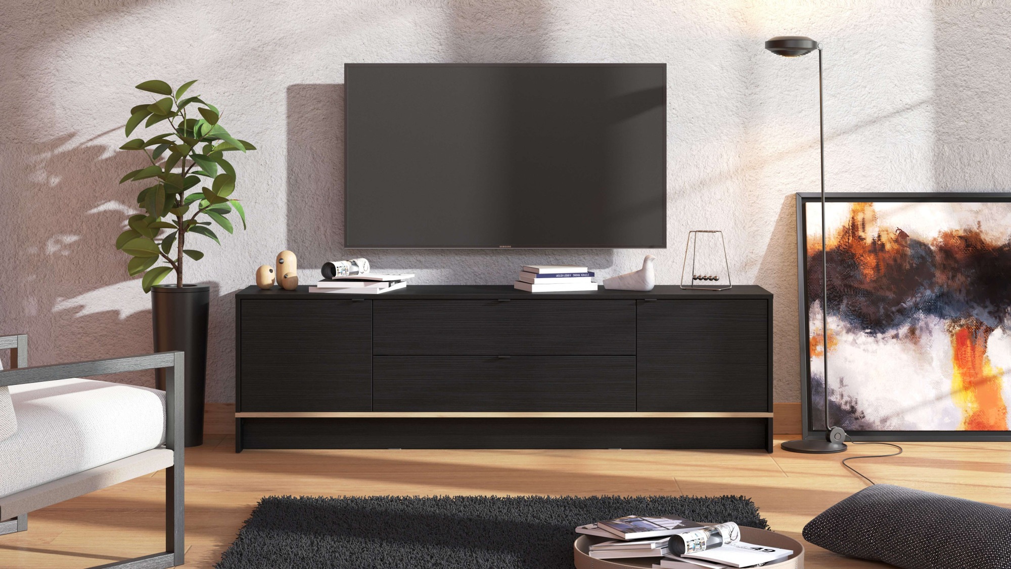 INOSIGN TV-Board "Lille Lowboard, Breite 182,5 cm, TV-Schrank, TV-Ständer, viel Stauraum", im schwarzen Dekor mit Textur