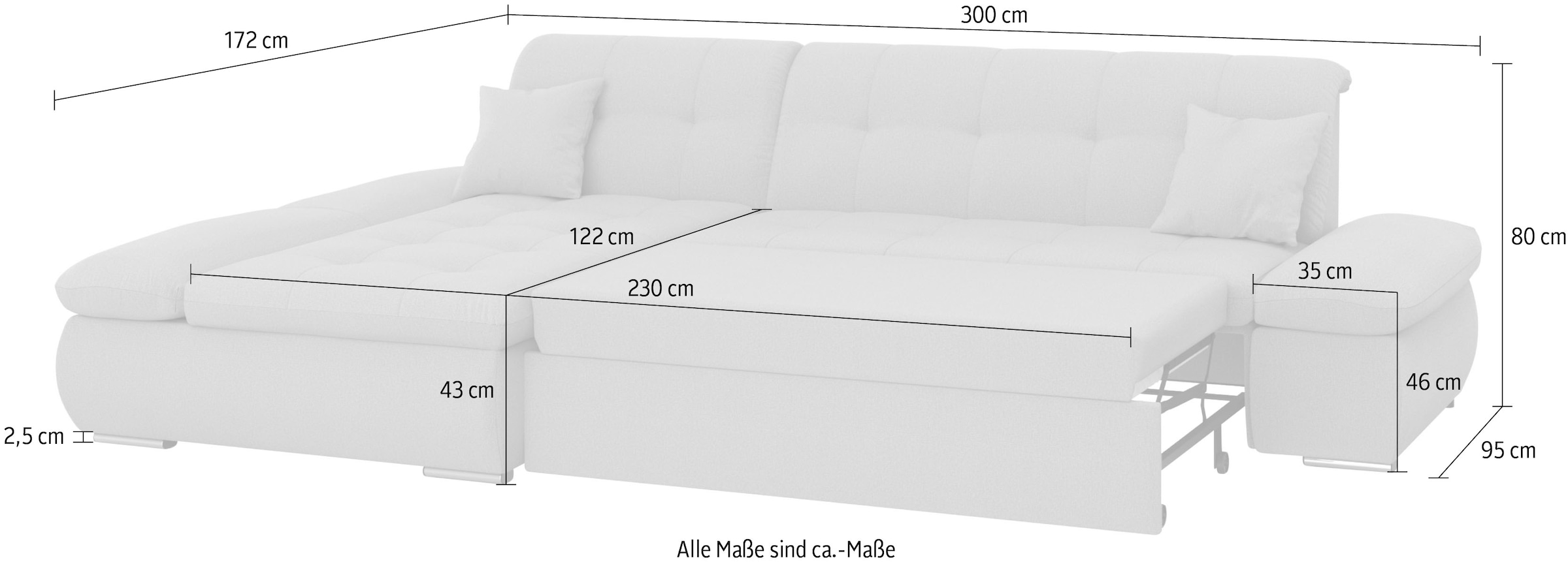 DOMO collection Ecksofa »Moric, L-Form, XXL-Sofa - Breite 300cm«, wahlweise mit Bettfunktion und Armteilverstellung, silber-grau