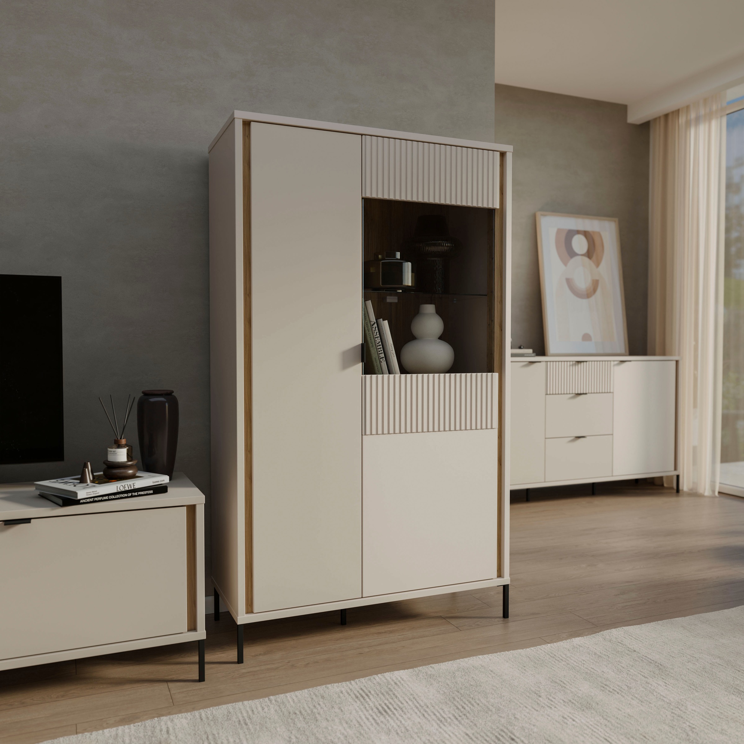 FORTE Highboard »Forte Seravel Highboard, Kashmir Beige/Mauvella Eiche opt. Beleuchtung« B/H/T 94,1/160,8/41,5 viel Stauraum, Lamellenoptik