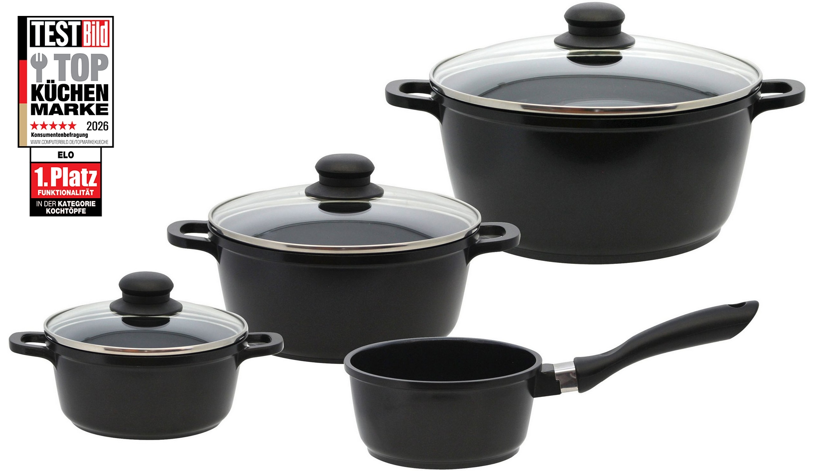 Elo Basic 1100000002199 "Black Cast" Set, 3 Töpfe mit Deckel, 1 Stielkasserolle, 7 Stk. tlg. Aluminiumguss