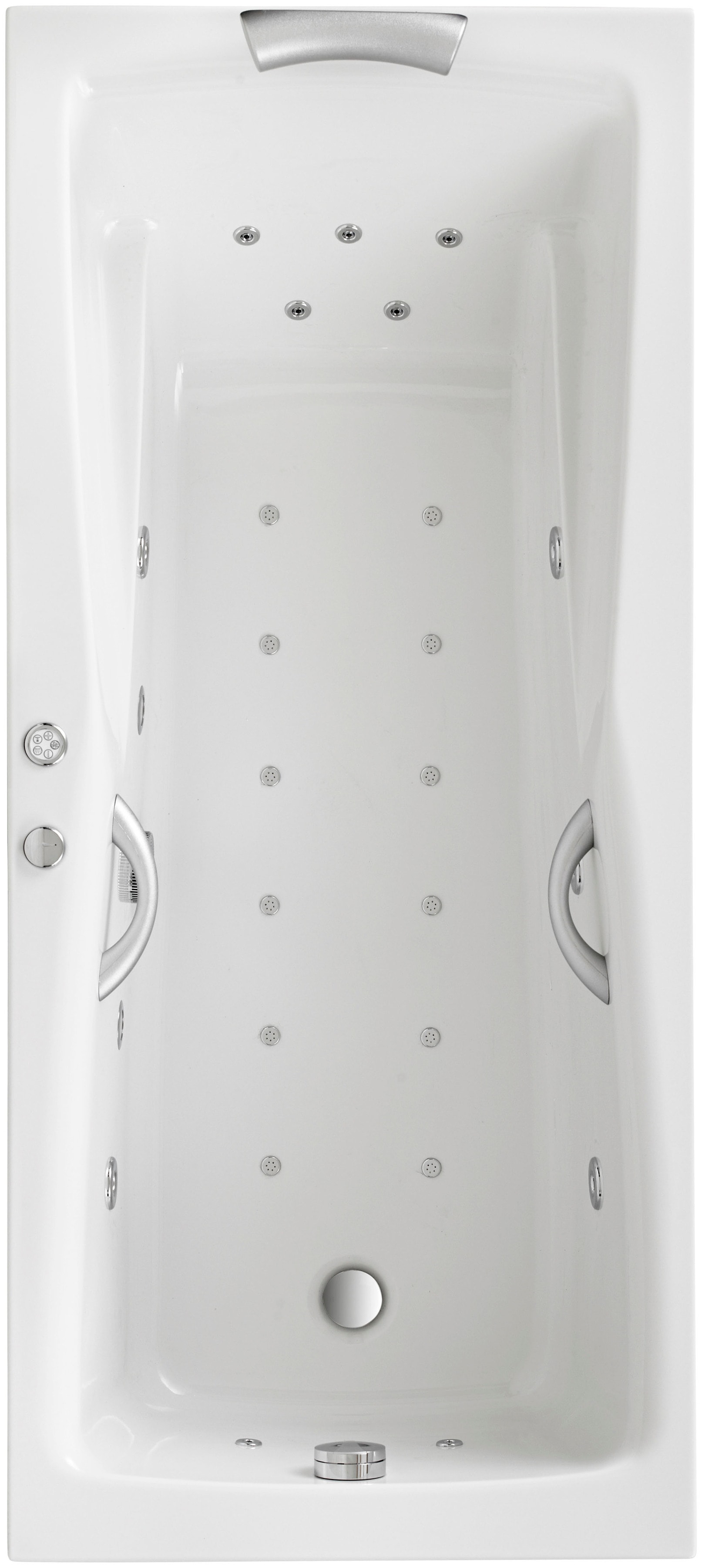 Whirlpool-Badewanne OTTOFOND, B:75cm L:170cm, weiß, Sanitäracryl, Badewannen, "Atlanta", 170x75 cm, inkl. 1 Nackenstütze und 2 Griffe in silbermatt