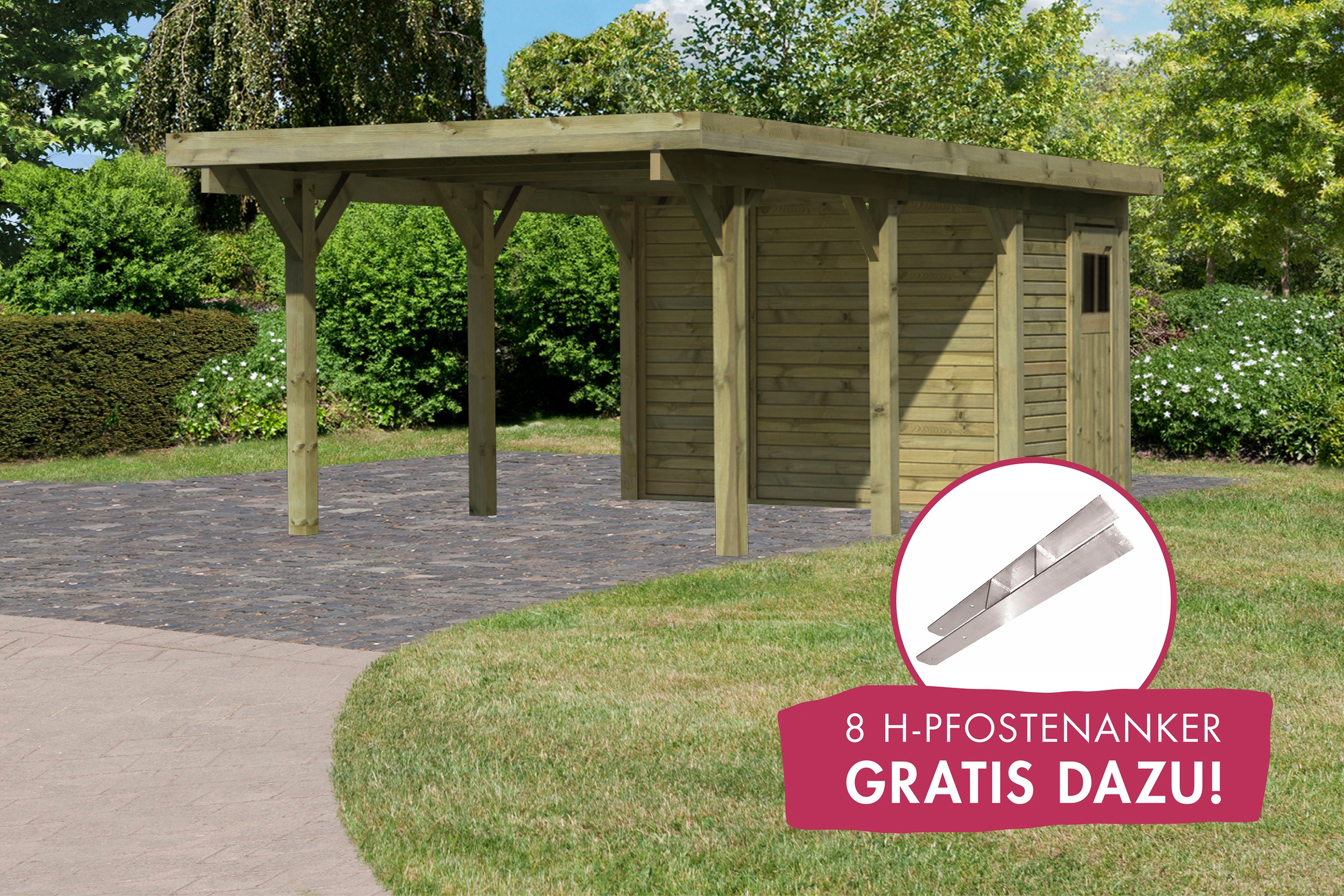 Karibu Einzelcarport "Classic 2", Holz, 250 cm, natur, mit Geräteraum