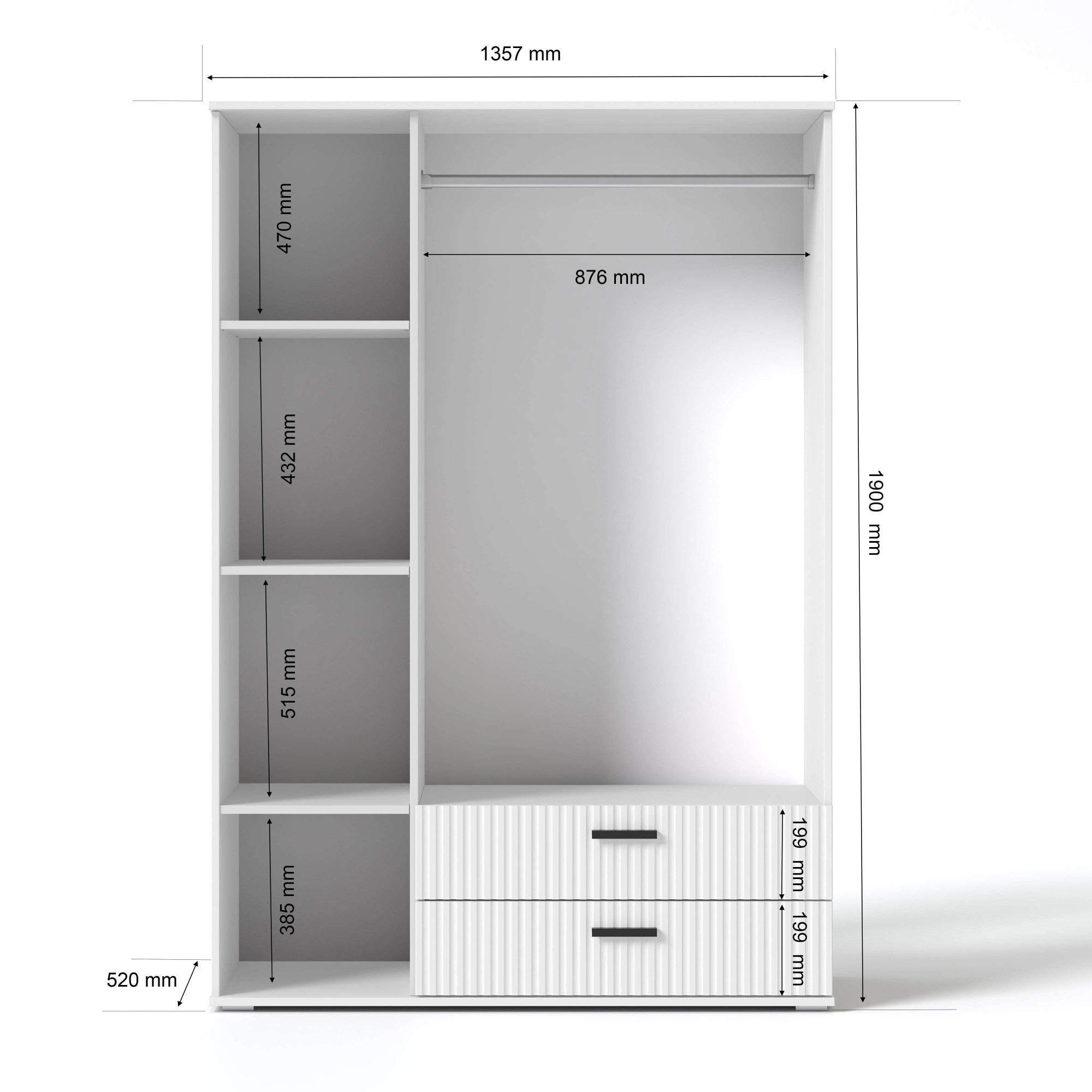 OTTO home Kleiderschrank »KOLLINE, modern mit viel Stauraum & geriffelter Struktur« H/B/T ca. 190/135/52cm,  Garderobe 4 Fächer, Kleiderstange, 2 Schubladen, 2 Spiegel