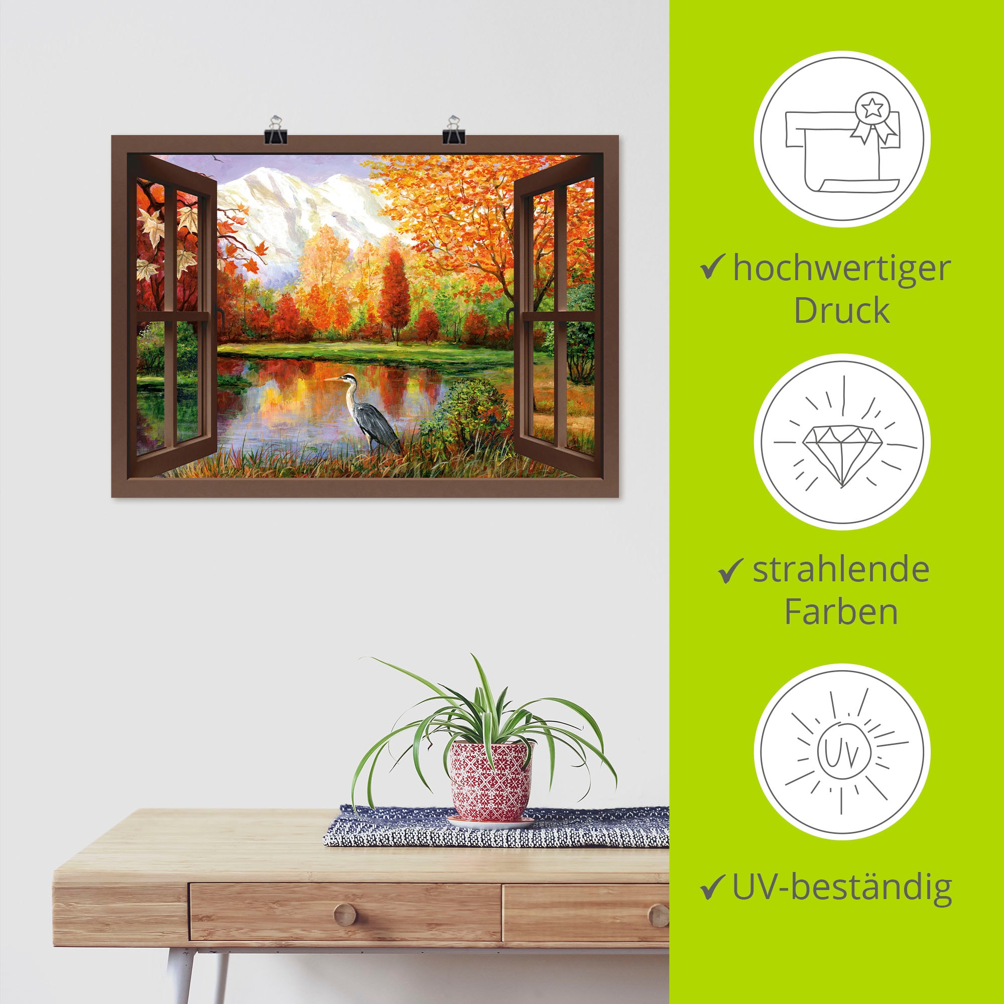 Artland Wandbild »Herbst am See Ausblick«, Fensterblick, (1 St.), als Leinwandbild, Poster in verschied. Größen