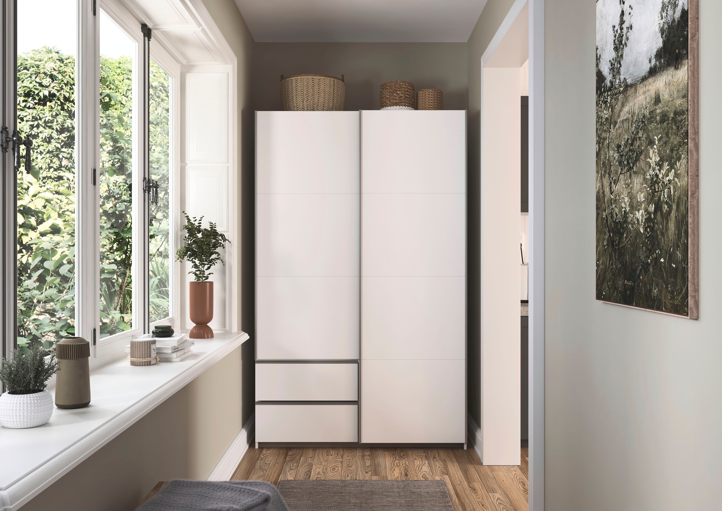 rauch Schwebetürenschrank »Kleiderschrank Schrank Garderobe Wäscheschrank SEVILLA«, (in 3 verschiedenen Ausstattungen BASIC/CLASSIC/PREMIUM), Metall-Griffleisten alufarben oder Graumetallic MADE IN GERMANY