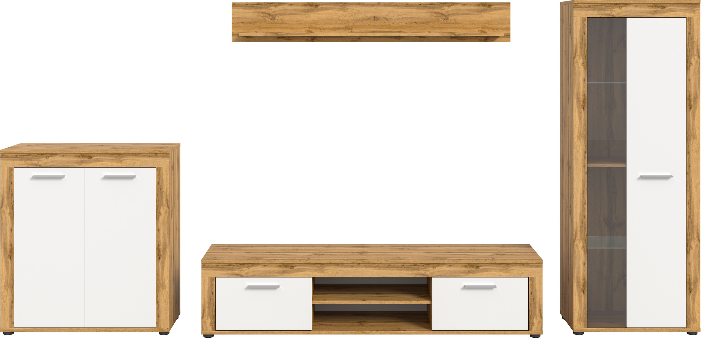 INOSIGN Wohnwand »Aosta, Breite 330cm, best. aus Highboard, Lowboard, Wandboard, Vitrine«, (4 St.), Wohnwand, Kombination, Anbauwand, Möbel Set, Schrankwand, Möbel Kombi