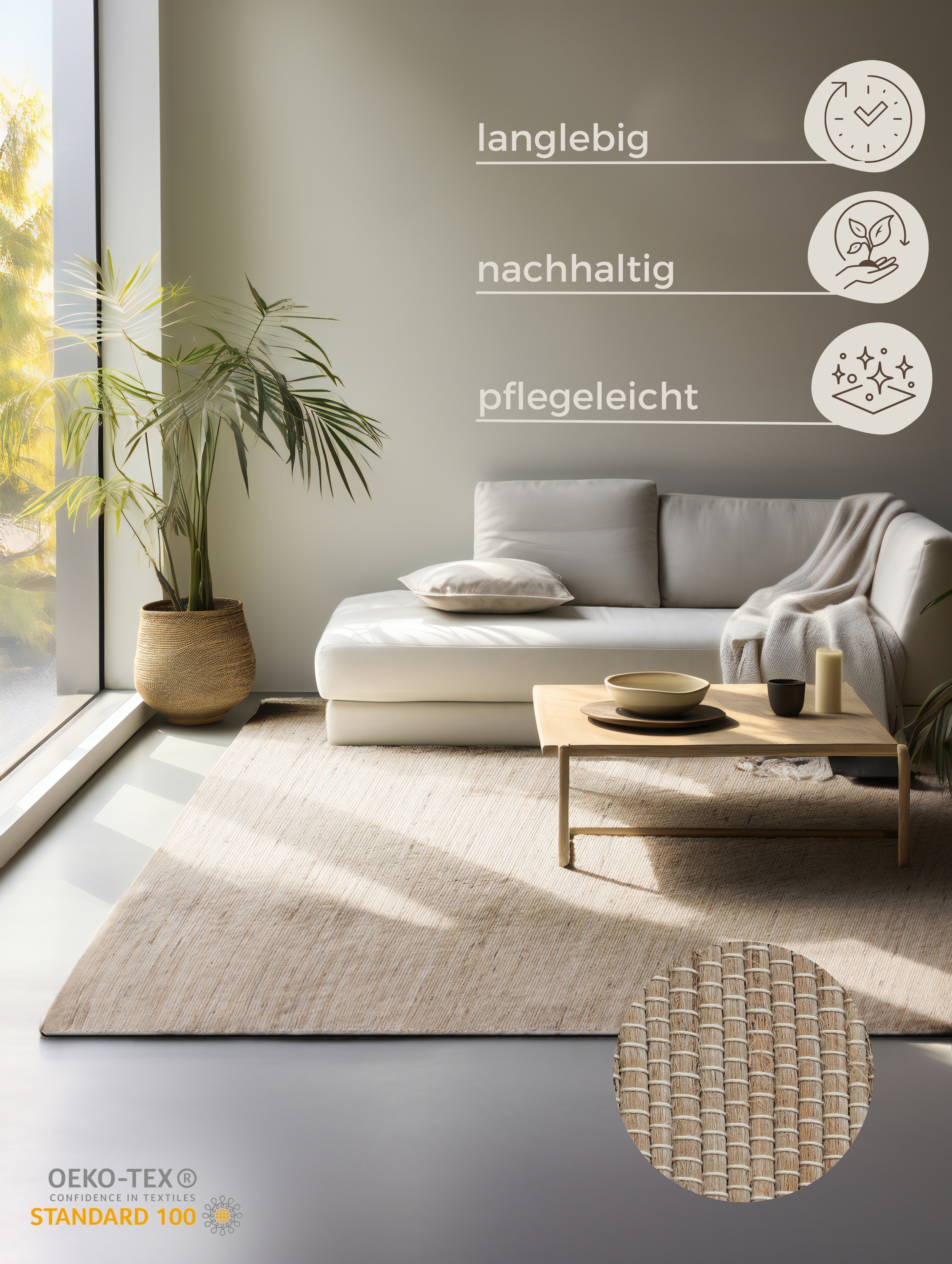 HANSE Home Teppich »Dhaka Juteteppich«, rechteckig, 5 mm Höhe, Läufer, handgewebt, Jute, Wolle, Natur, Wohnzimmer, Flur, Klassisch