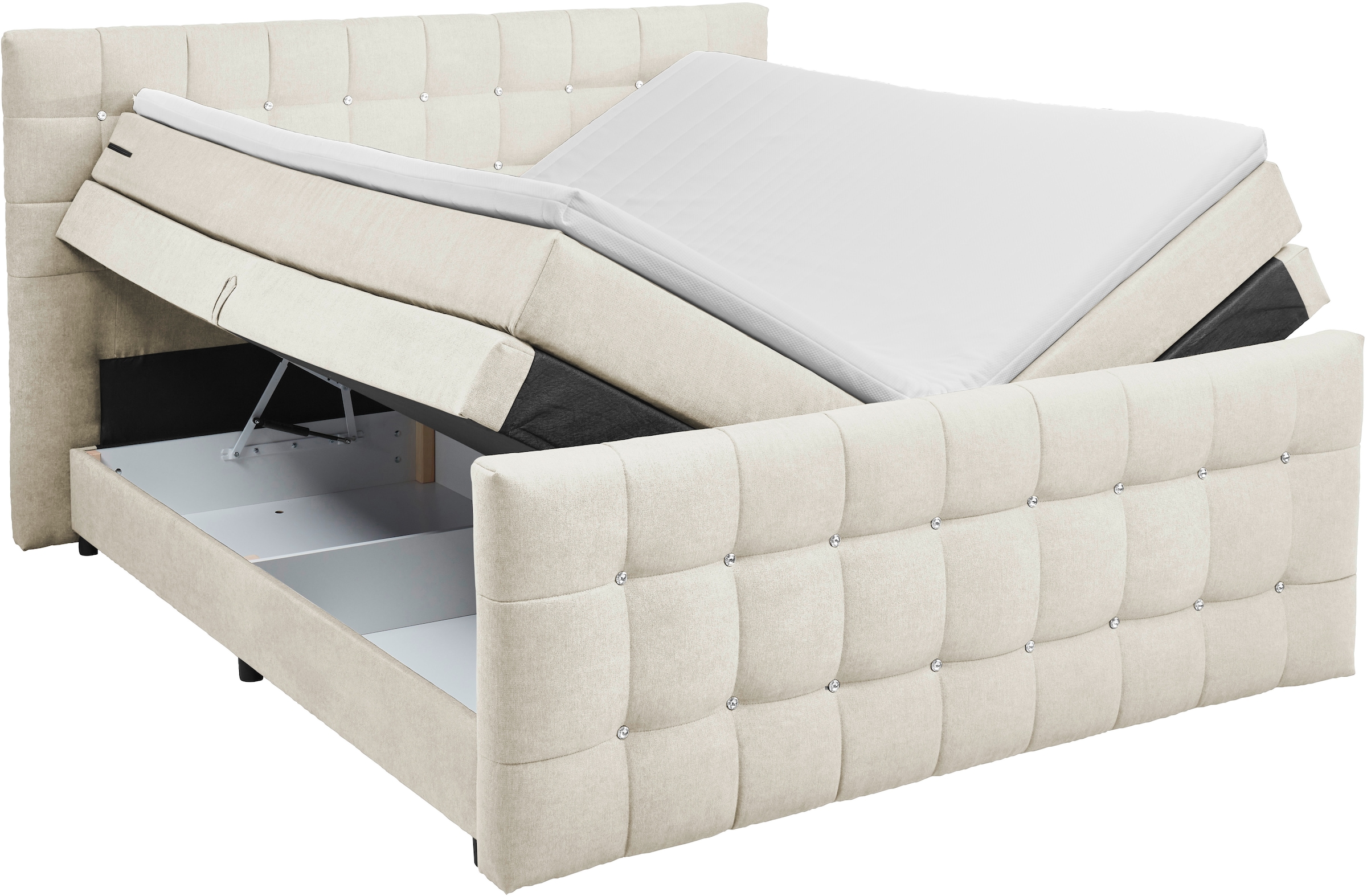 ED EXCITING DESIGN Boxspringbett »Loberie«, mit Strasssteinen im Kopf- und Fußteil, inkl. Bettkasten