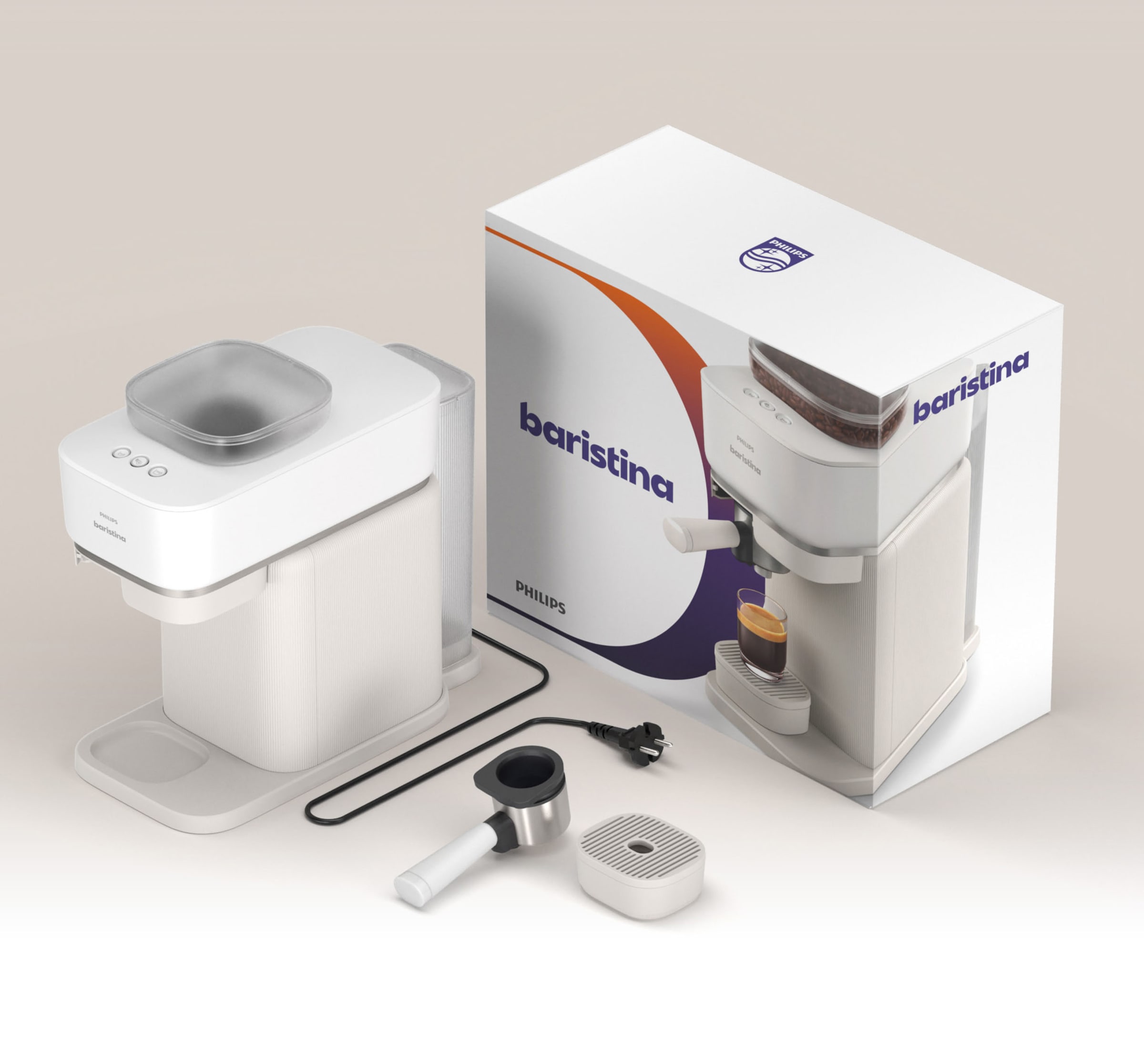 PHILIPS baristina Espressomaschine »BAR305/00 mit Mahlwerk für ganze Bohnen« 16 bar Pumpendruck, Naturweiß​