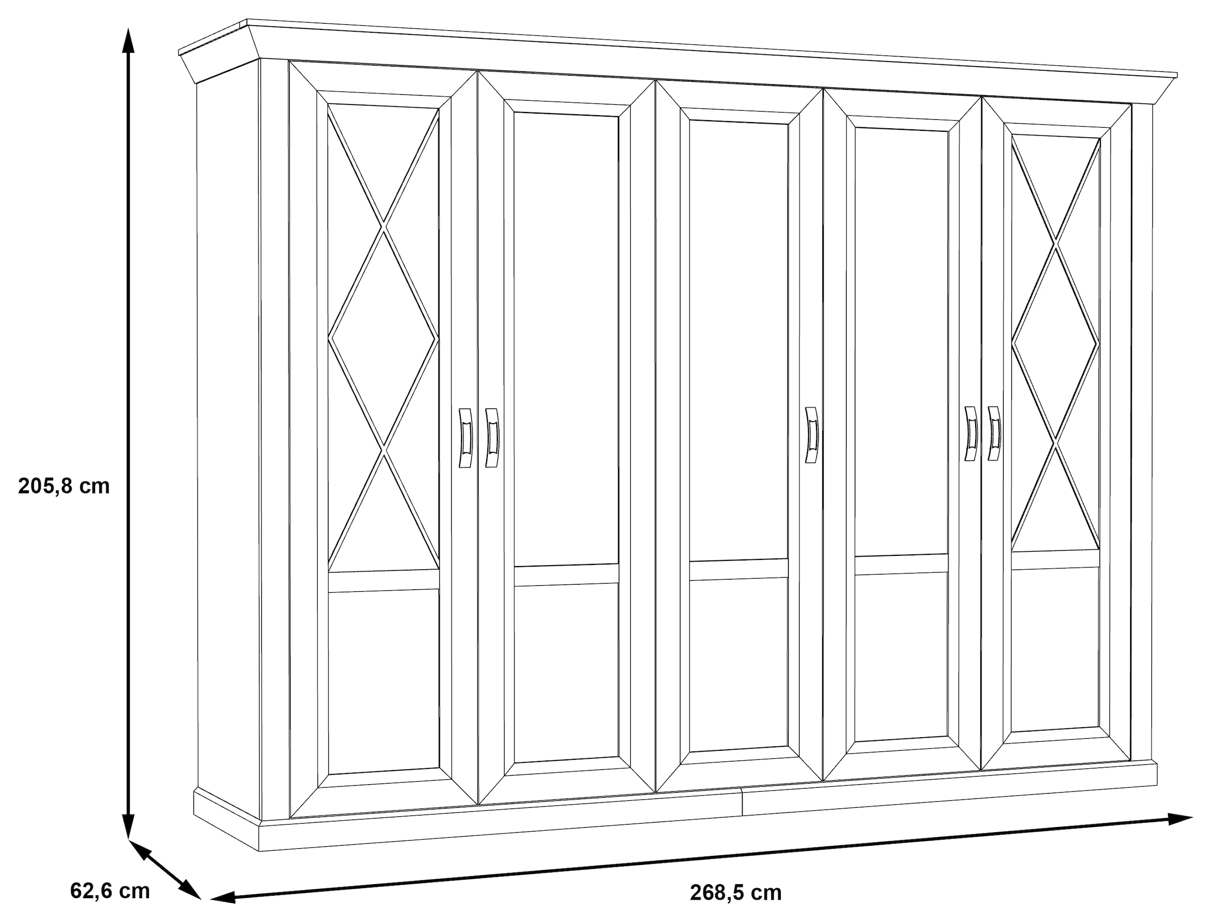 FORTE Drehtürenschrank »Kashmir, Landhausstil, inklusive edlem Passepartout-Rahmen«, (Maße (B/T/H): 268,5/63/206cm), mit Spiegel und dekorative Fräsungen und Elementen, Made in Europe