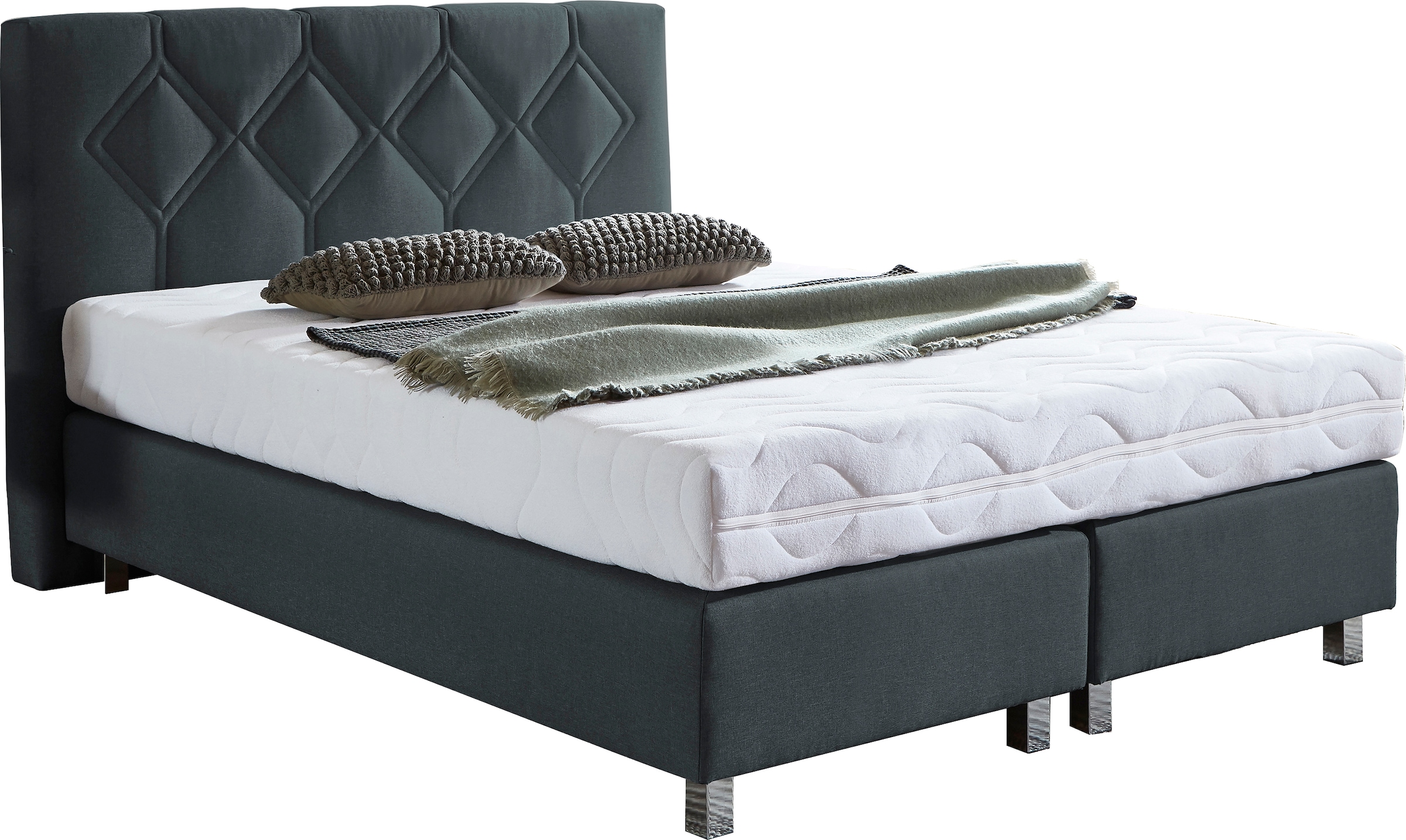 Boxspringbett "Phönix", grau (charcoal), B:155cm L:210cm, Bezug Bett: Microvelours (100% Polyester) oder Feinstruktur (100% Polyester);Bezug Bonnell-Federkernmatratze: 100% Polyester;Bezug Kaltschaummatratze: 100% Polyester;Bezug Tonnentaschenfederkernmat 7