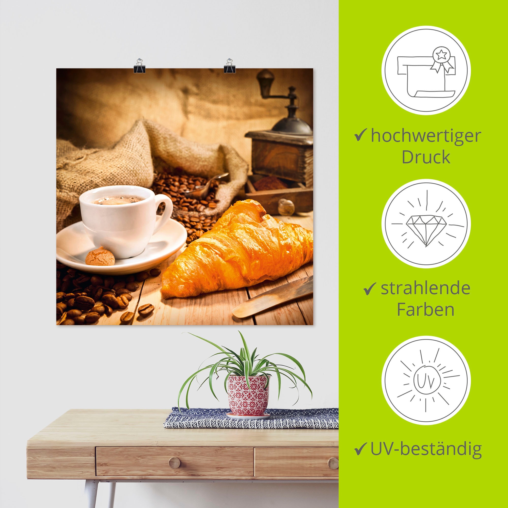 Artland Wandbild »Kaffeetasse mit Croissant«, Getränke, (1 St.), als Leinwandbild, Poster in verschied. Größen