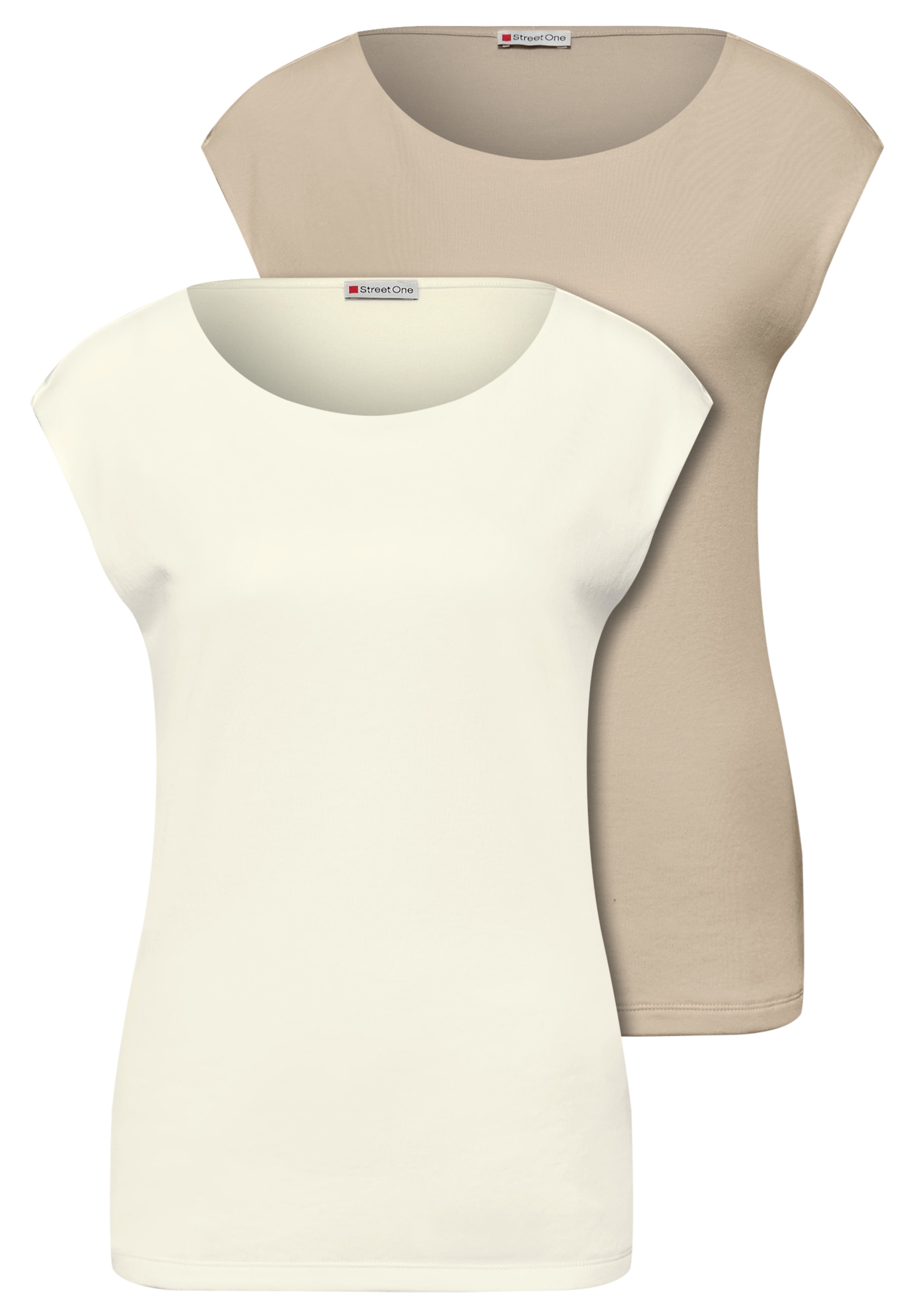 T-Shirt STREET ONE, Damen, Gr. 40, sanftes weiß, cotton beige, Web, 50% Baumwolle, 50% Modal, unifarben, normal normal, U-Boot-Ausschnitt, abgesteppt, Shirts T-Shirt, mit U-Boot-Ausschnitt