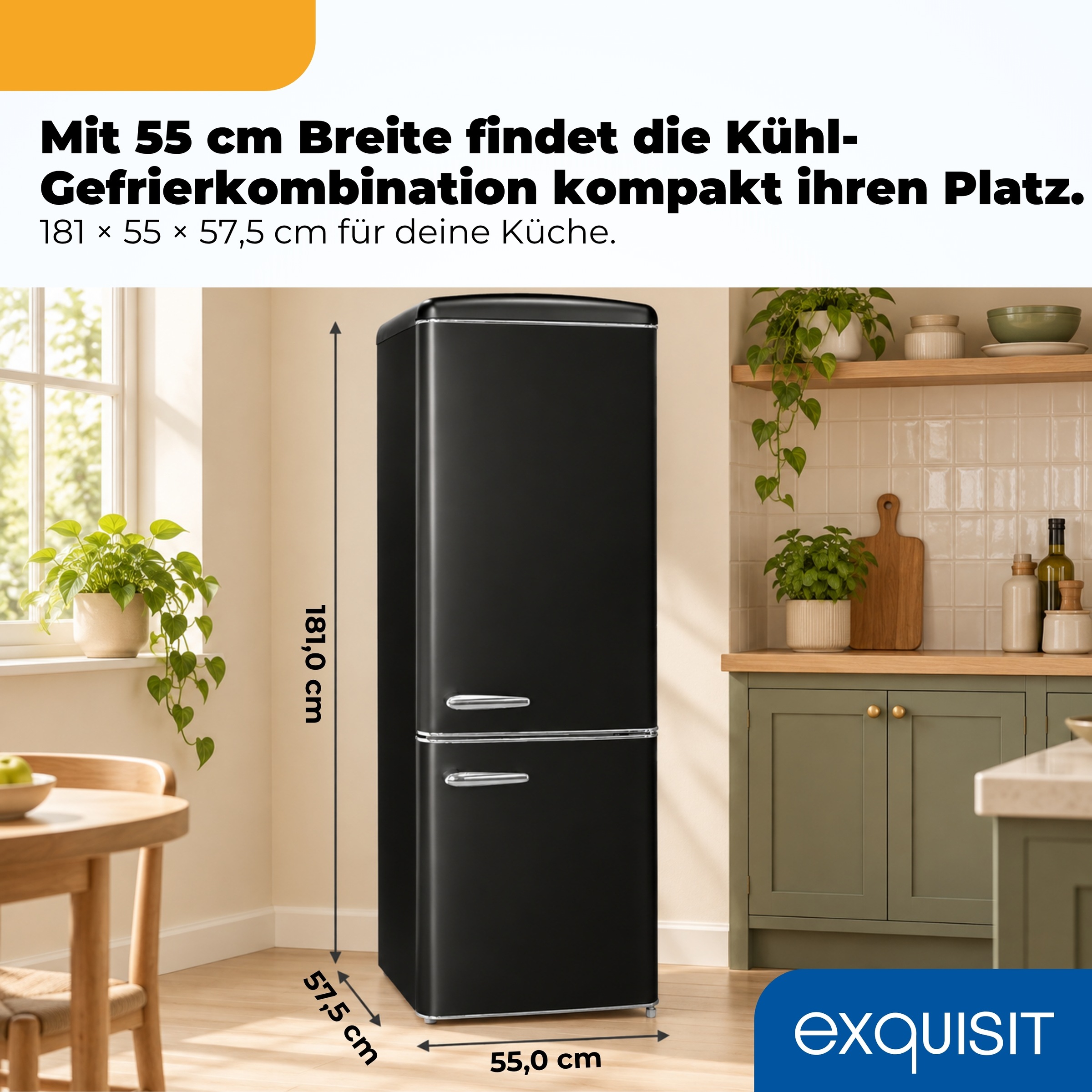exquisit Kühl-/Gefrierkombination »RKGC250-70-H-160C mattschwarz« 183 cm hoch 54,5 cm breit Retro-Design mit 4-Sterne-Gefrierfach & flexiblen Glasablagen