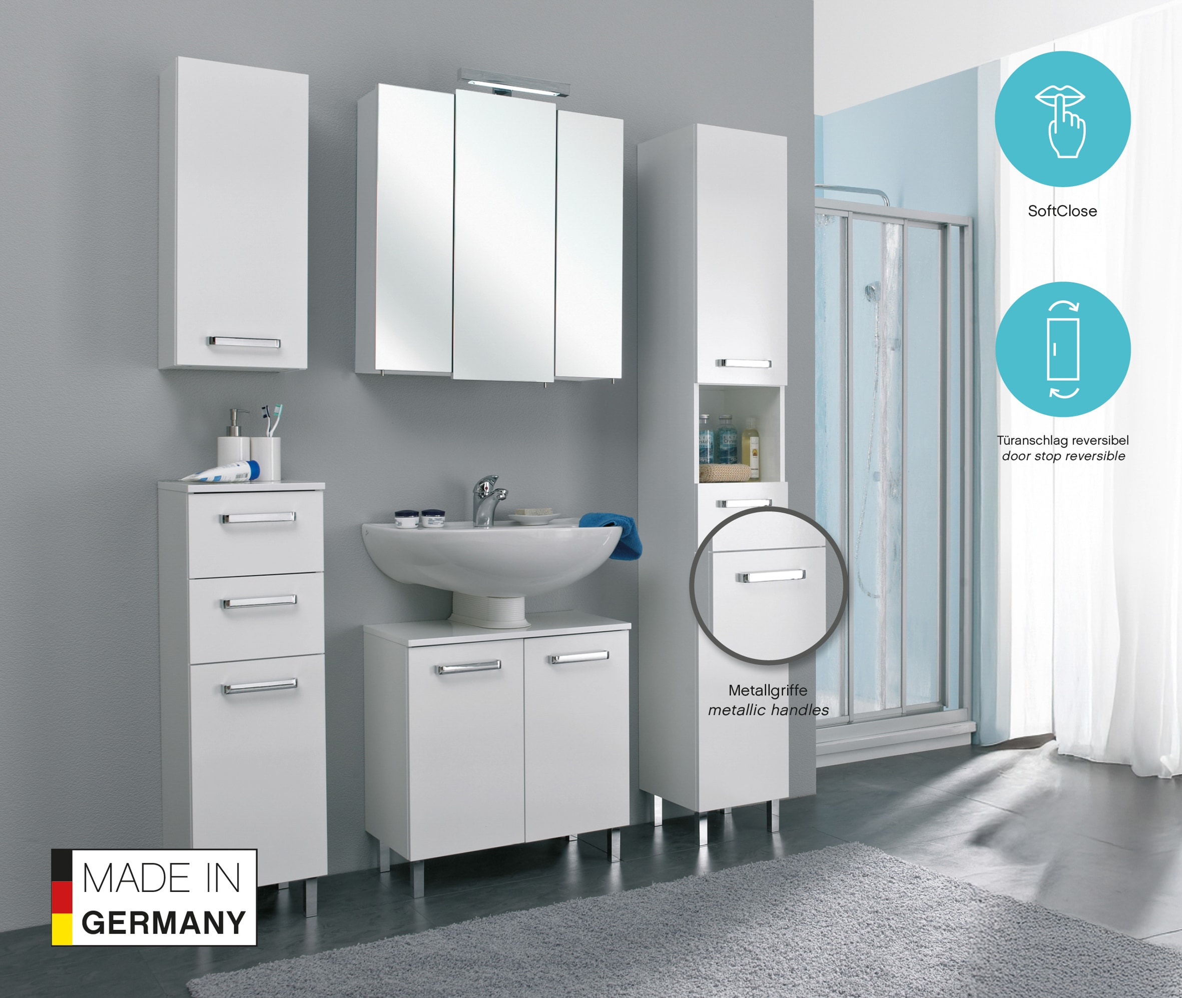 Saphir Unterschrank »Quickset Badschrank mit 1 Tür, 1 Schublade, 25 cm breit« Badezimmer-Unterschrank inkl. Türdämpfer, Griffe in Chrom Glanz