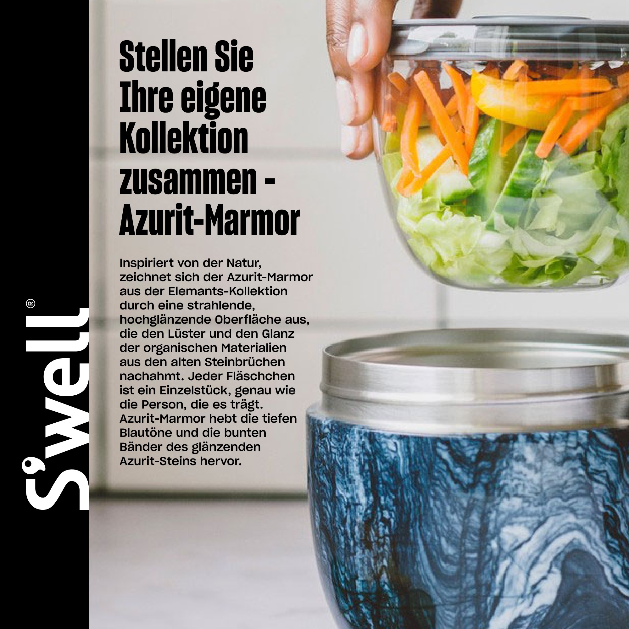 S'well Salatschüssel »S'well Onyx Salad Bowl Kit, 1.9L«, 3 tlg., aus Edelstahl, Therma-S'well®-Technologie, vakuumisolierten Außenschale
