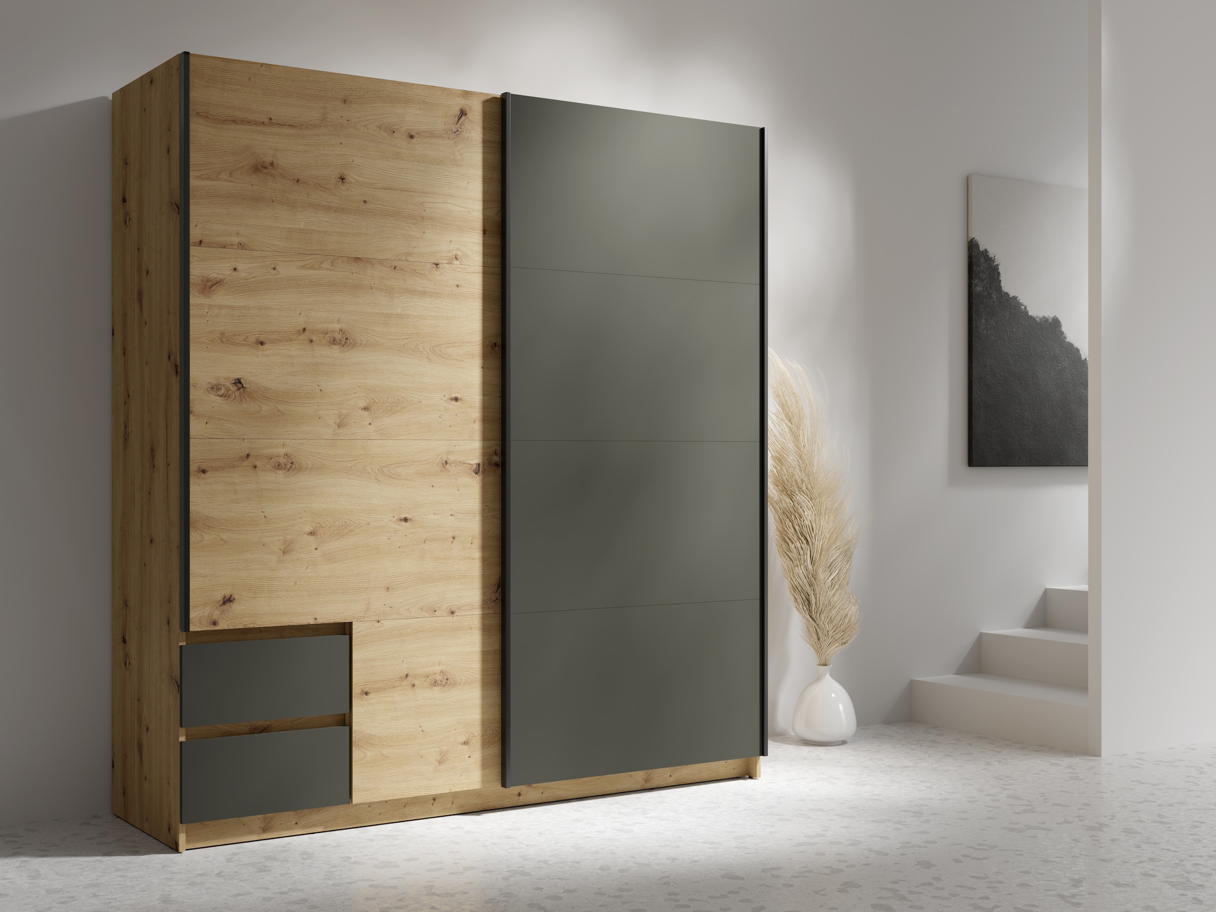 Home affaire Kleiderschrank "Norias Stauraumwunder, moderner Schrank" Schlafzimmer Garderobe mit 2 Schwebetüren und 2 Schubladen