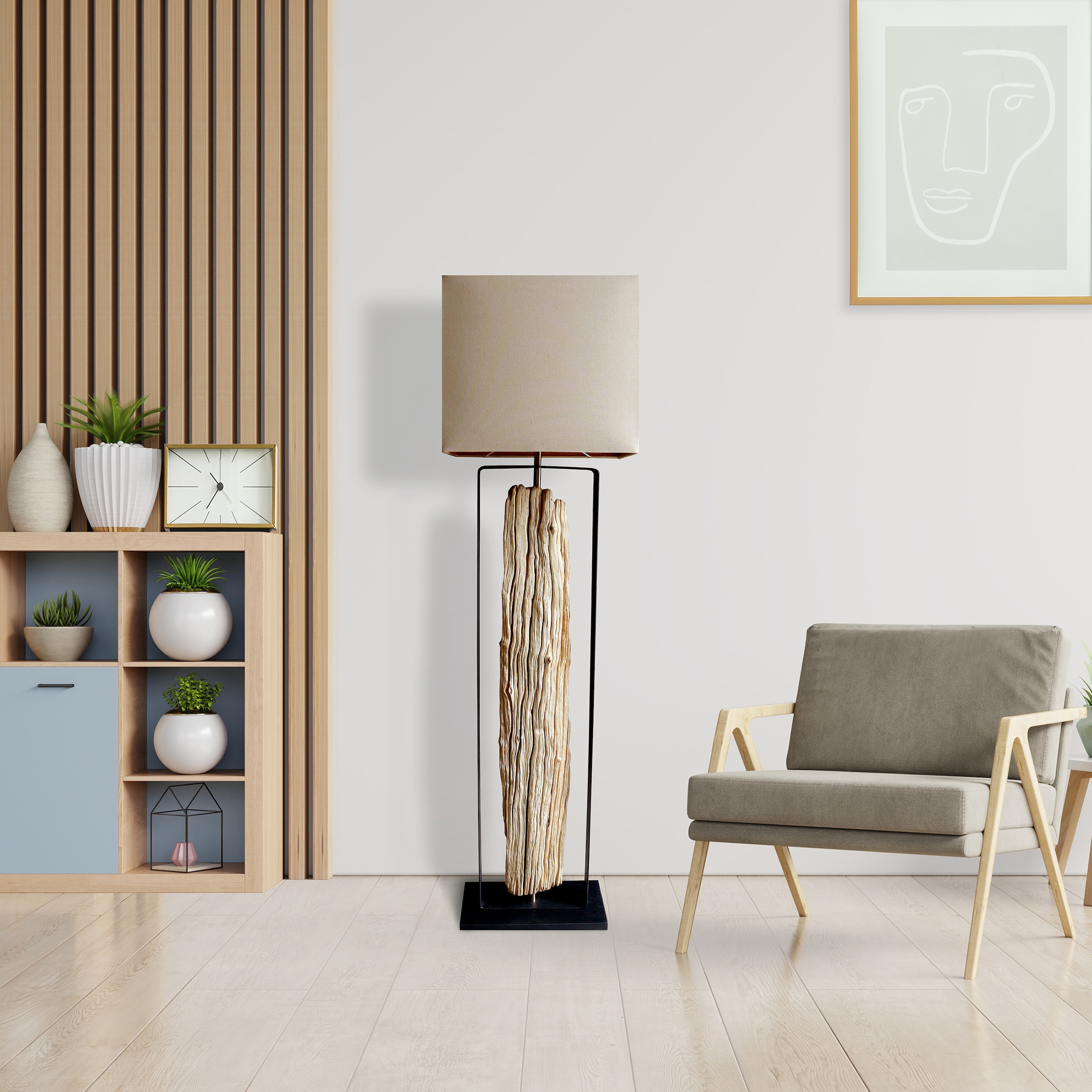 SalesFever Stehlampe »Treibholz«, 1 flammig, Leuchtmittel E27 | ohne Leuchtmittel, Schirm innen goldfarben