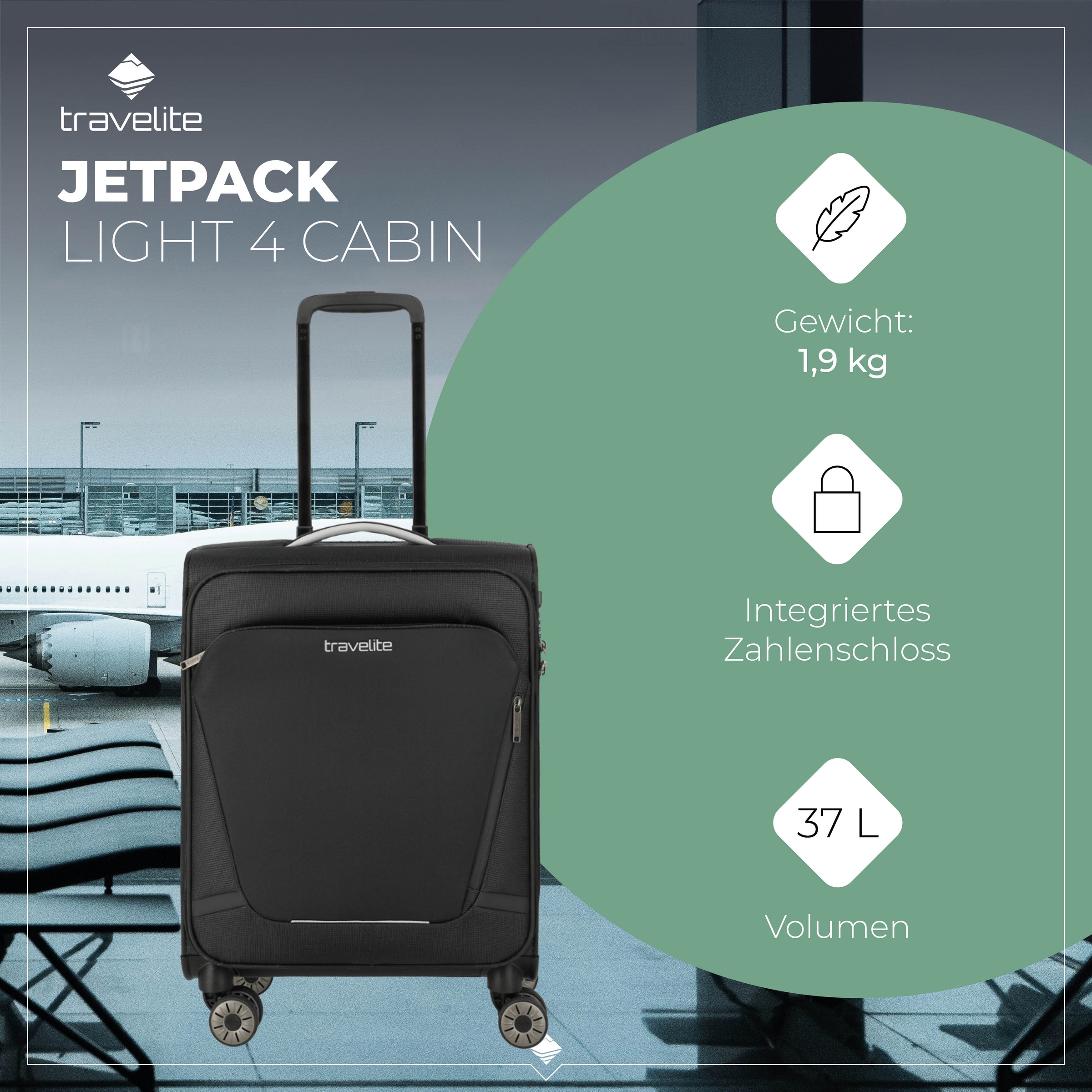 travelite Handgepäck-Trolley »JETPACK Multi Light 4 Cabin, konzipiert für Condor & Ryanair«, 4 Rollen, Weichgepäck-Koffer Handgepäck für die meisten gängigen Airlines