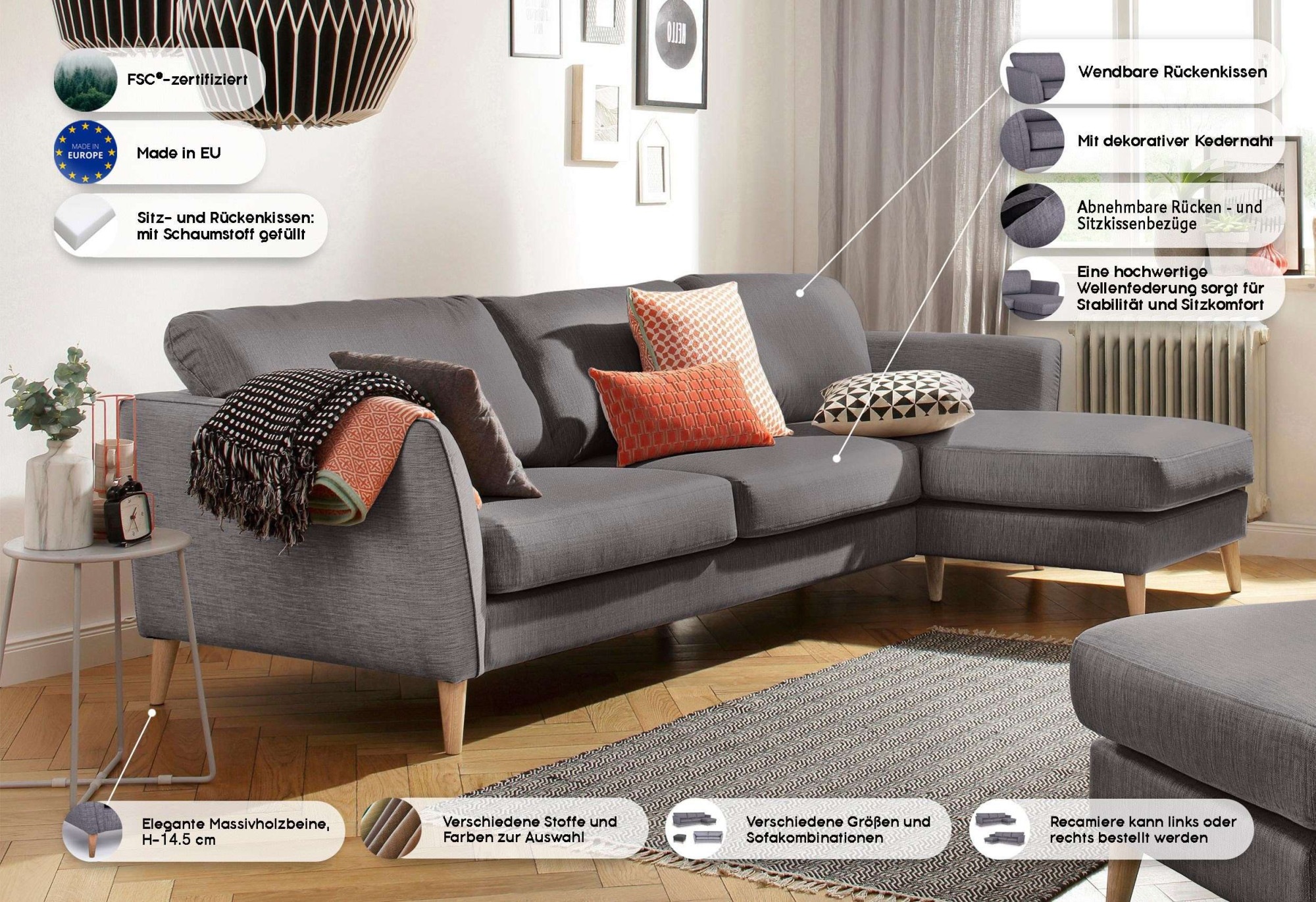 Thumbnail - Home affaire Ecksofa "MARSEILLE (242/152cm),L-Form, Rec. rechts/links", Massivholzbeine aus Eiche, in verschieden Bezüge...