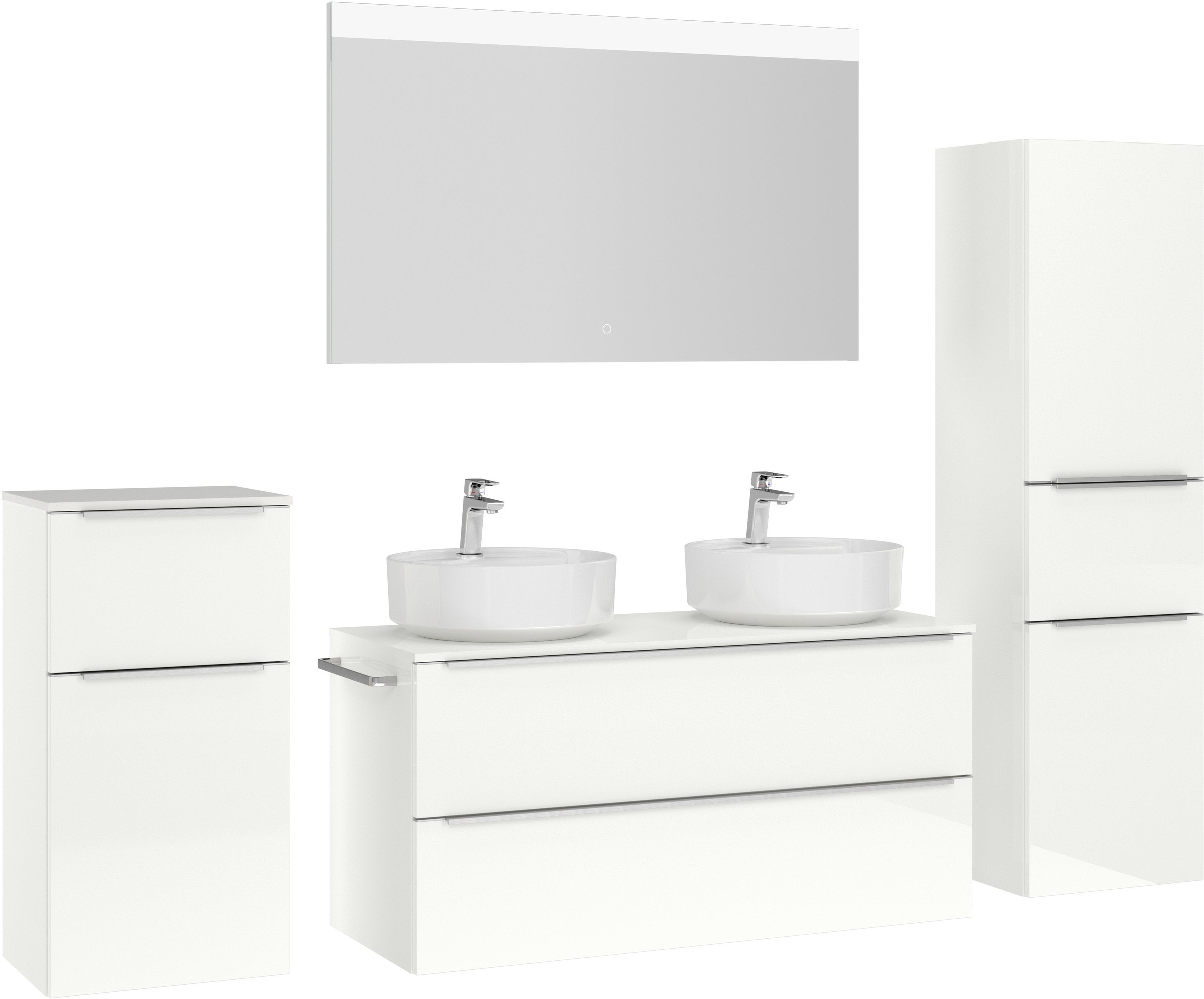 nobilia® Badmöbel-Set »Alvene«, (4 St., vormontiert, mit Soft-Close), Hochglanz, inkl. Spiegel mit Touch-Sensor, in vier Breiten