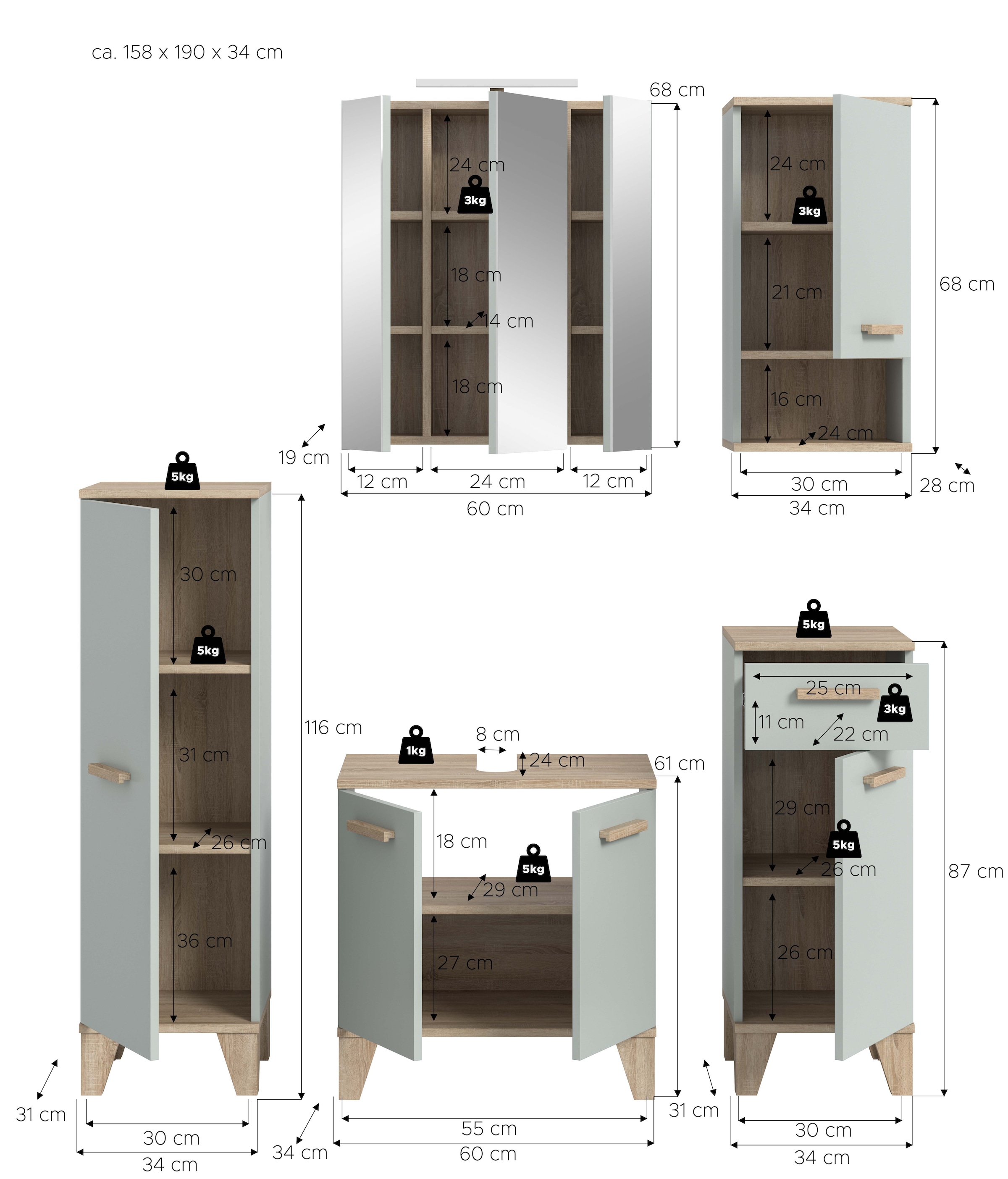 welltime Badmöbel-Set »MINTTU, 5-teilige moderne Badkombi im SCANDI-Look, inkl. Beleuchtung« bestehend aus: 2x Midischrank, WBU, Spiegelschrank, Hängeschrank, 5 Stk. tlg.