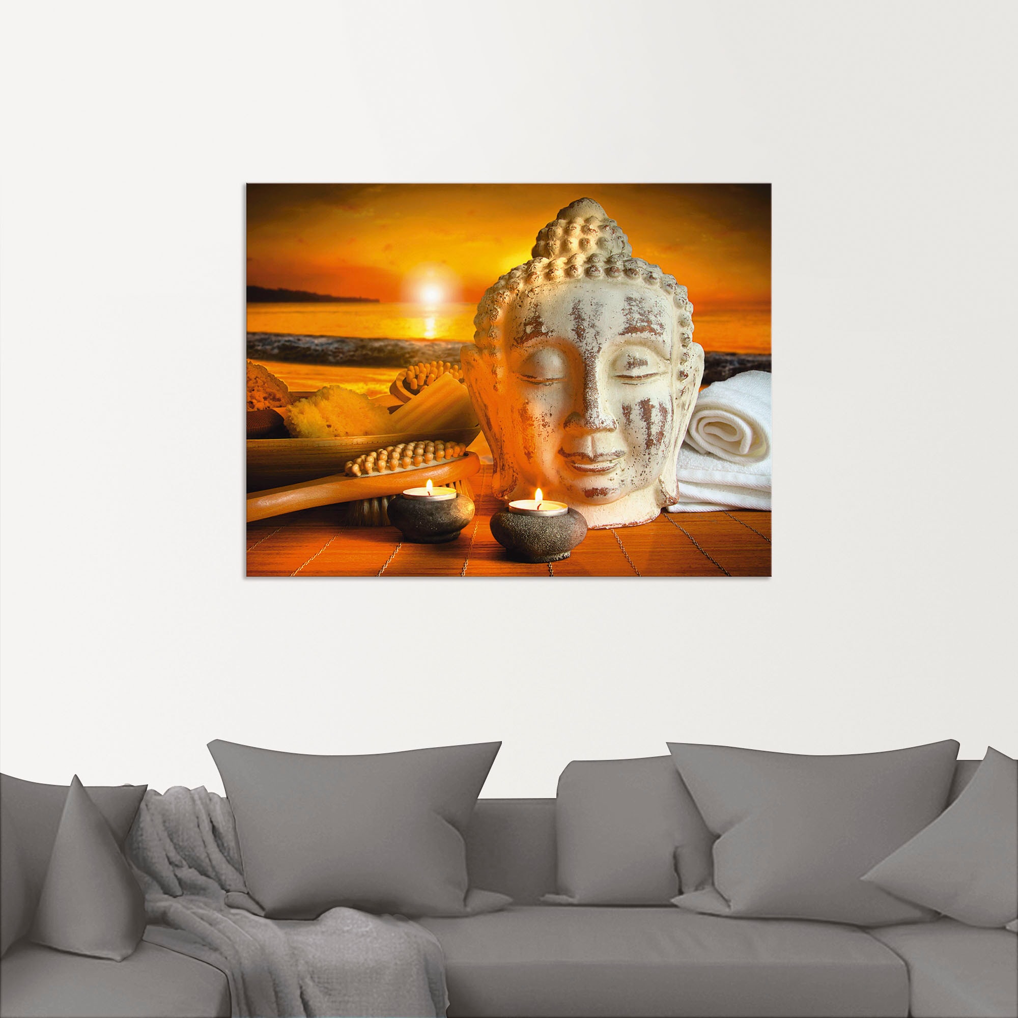 Artland Wandbild »Bad-Zubehör mit Buddha-Statue«, Religion, (1 St.), als Alubild, Outdoorbild, Leinwandbild, Wandaufkleber, versch. Größen