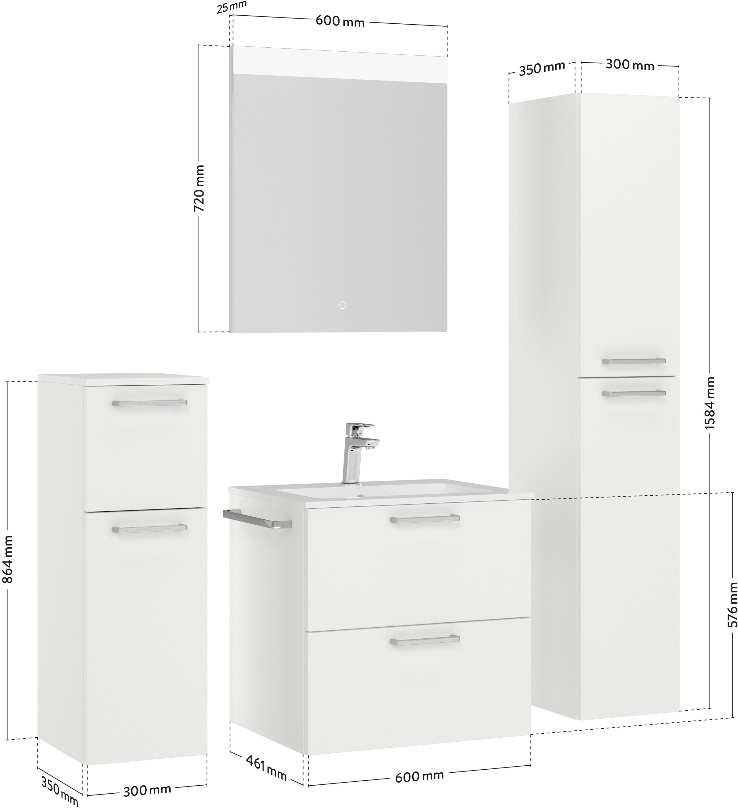 nobilia® Badmöbel-Set »Tolvina«, (4 St., vormontiert, mit Soft-Close), inkl. Spiegel mit Touch-Sensor, in vier Breiten