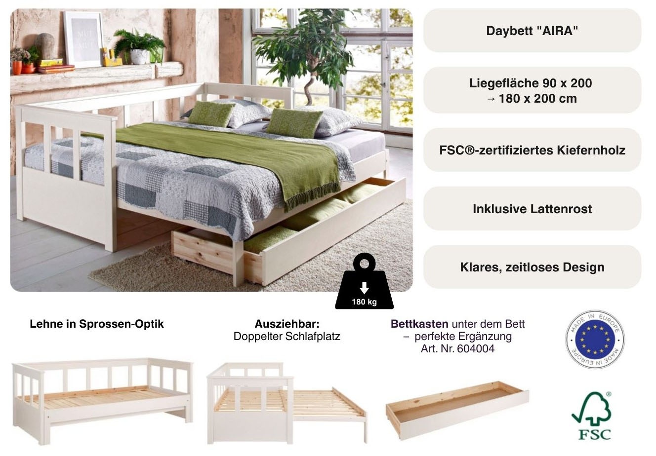 Thumbnail - OTTO home Daybett ""AIRA" Kinderbett, Gästebett, Skandi- Design, Schublade optional" FSC zertifiziertes Massivholz, mit ...