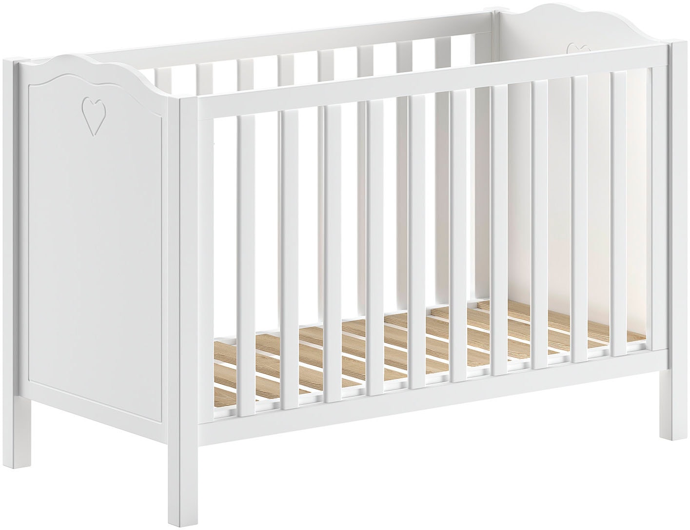 Vipack Babybett »Amori 60/120 mit verstellbarem Lattenrost, sehr stabil gebaut«, mit geschwungenem Kopfteil und Herz Ornament, weiß lackiert