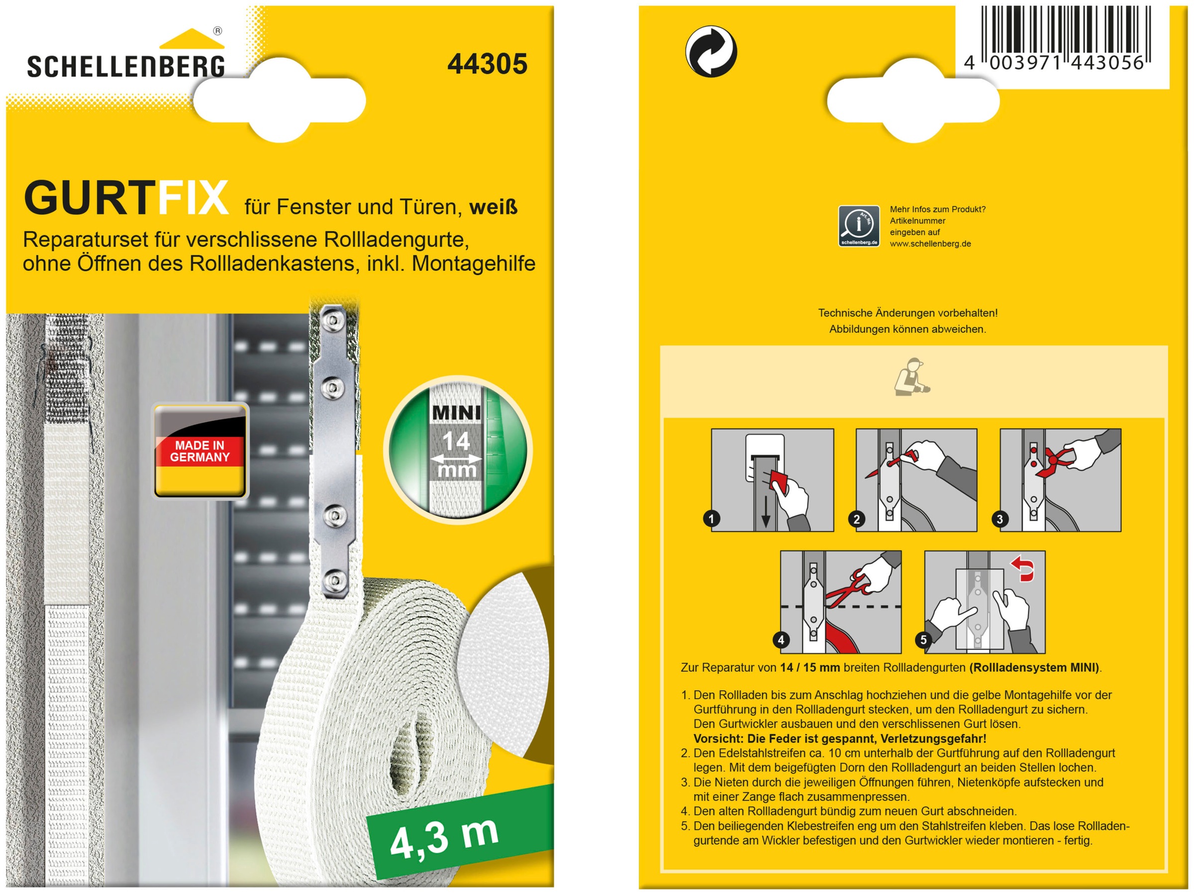 SCHELLENBERG Reparatur-Set "Rollladen Gurtfix für das Rollladensystem Mini" Set, 1 Stk. tlg. für alte Gurtbänder in unterschiedlichen Farben, 14 mm x 4,3 m