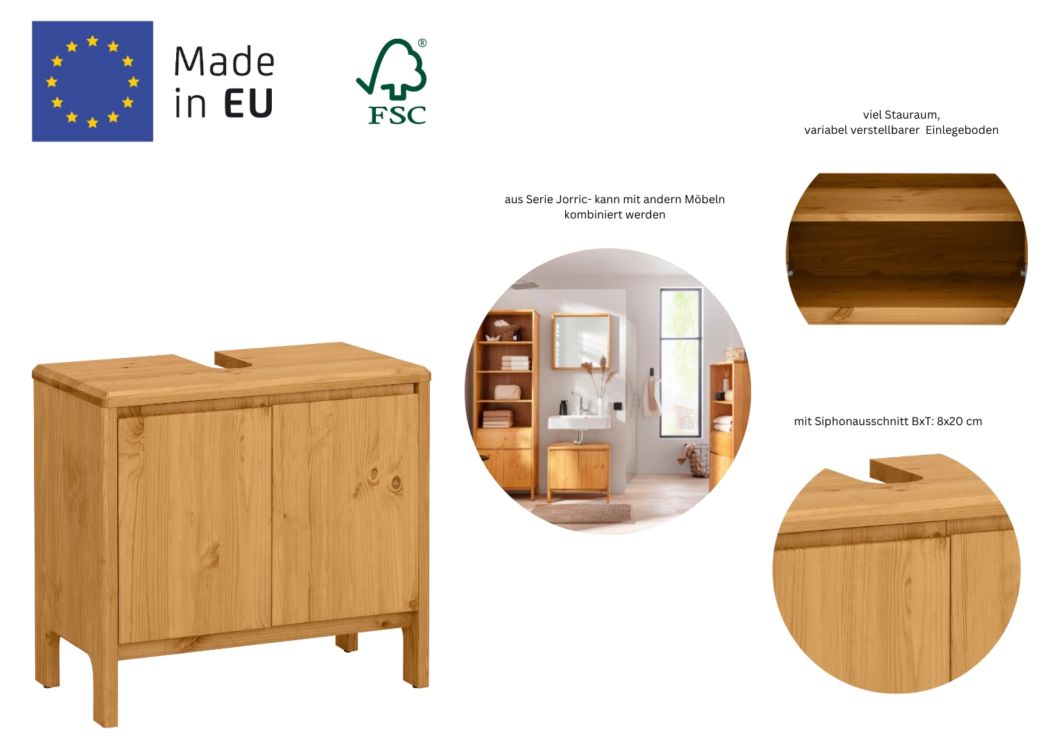 OTTO products Waschbeckenunterschrank »Jorrick«, Breite 60 cm, Kiefer mit Bio Öl/Wachs behandelt, Siphonausschnitt
