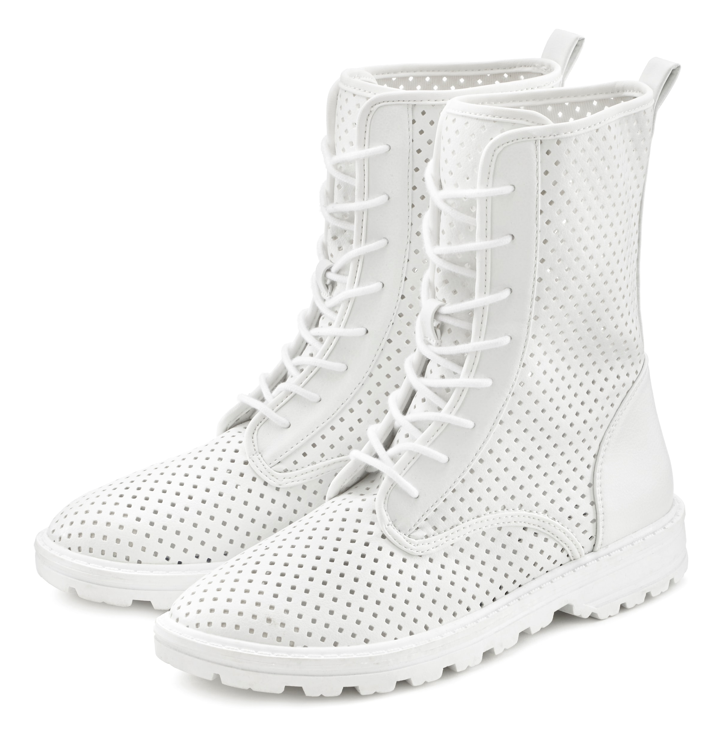 Stiefelette LASCANA, Damen, Gr. 44, weiß, Obermaterial: 100% Lederimitat. Decksohle: 100% Textilmaterial. Futter: 100% Textilmaterial. Laufsohle: 100% Synthetik, unifarben, Schuhe Stiefelette, zum Schnüren mit modischen Cut-Outs, Stiefel, Boots, High-Snea