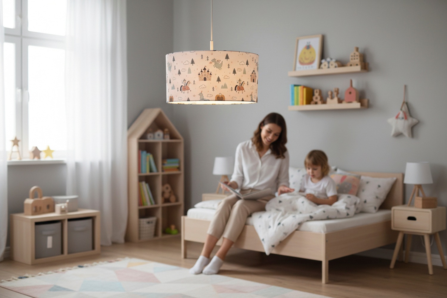 niermann Hängeleuchte »Stoff-Pendelleuchte mit Motiv "Ritter Theo", Kinderzimmer, Kinderlampe« E27 1 Stk. Stoffschirm, höhenverstellbare Pendelaufhängung, Made in Germany