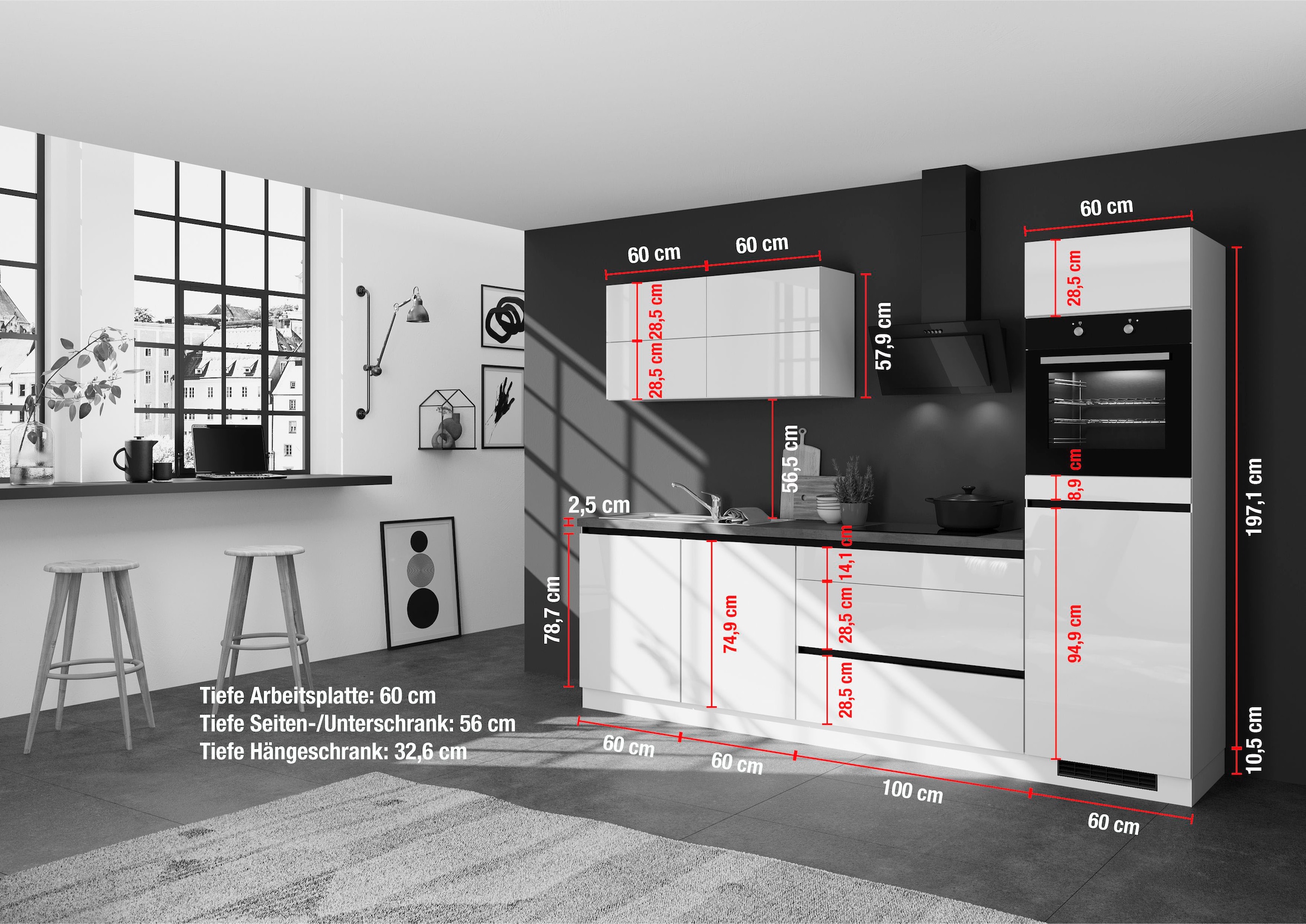 BAUR Breite E-Geräten, IMPULS vormontiert, mit cm wahlweise | kaufen 280 KÜCHEN »Hamburg«, Vollauszug, Küchenzeile mit