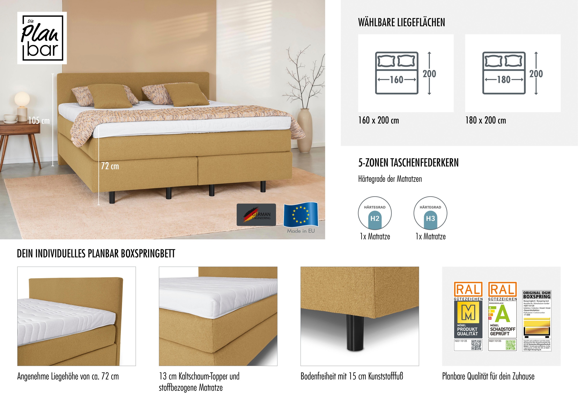 Die PlanBar Boxspringbett »OC-ON23163« inkl. Matratzen, Topper u. Bonellfederkern Unterbau, 160/180x200cm