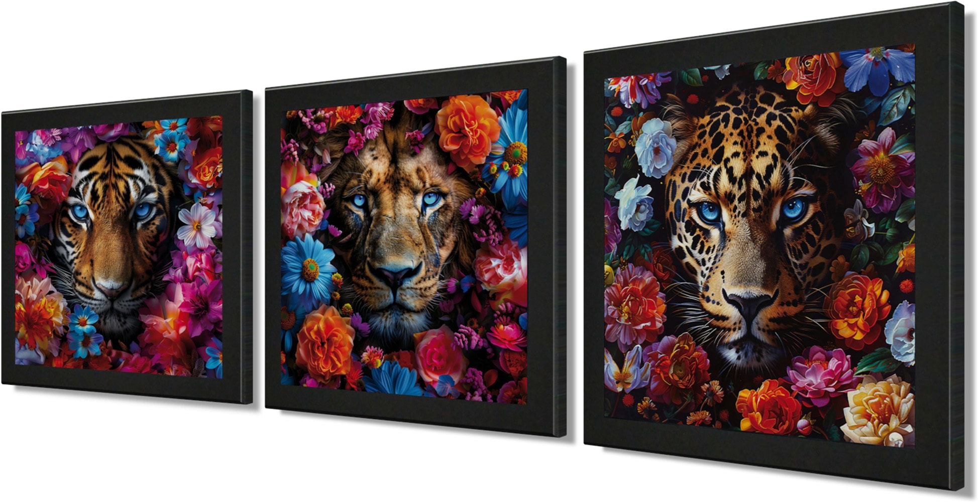 Bönninghoff Bild mit Rahmen »3er-Set gerahmte Bilder TIGER LÖWE 3x23x23 cm – Tiermotiv modern« Blumen | Blumenbilder | Kunst | Löwen | Raubkatzen | Tiere | Tiger 3 Stk. tlg. mehrteiliges Bilder-Set, harmonisch aufeinander abgestimmt
