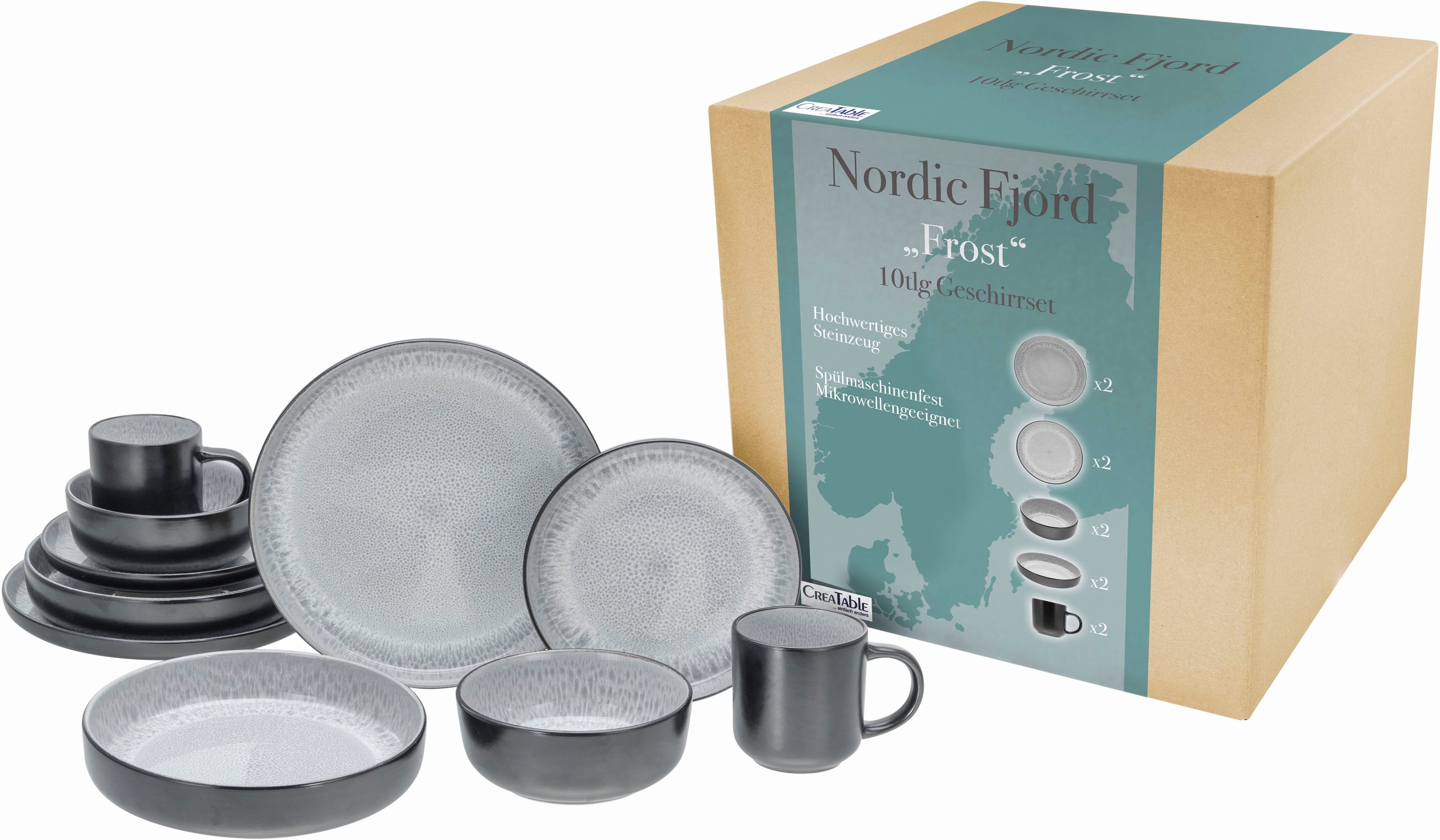 CreaTable Kombiservice "Nordic Fjord" je 2 Speiseteller, Suppenteller, Dessertteller, Schalen, Kaffeebecher