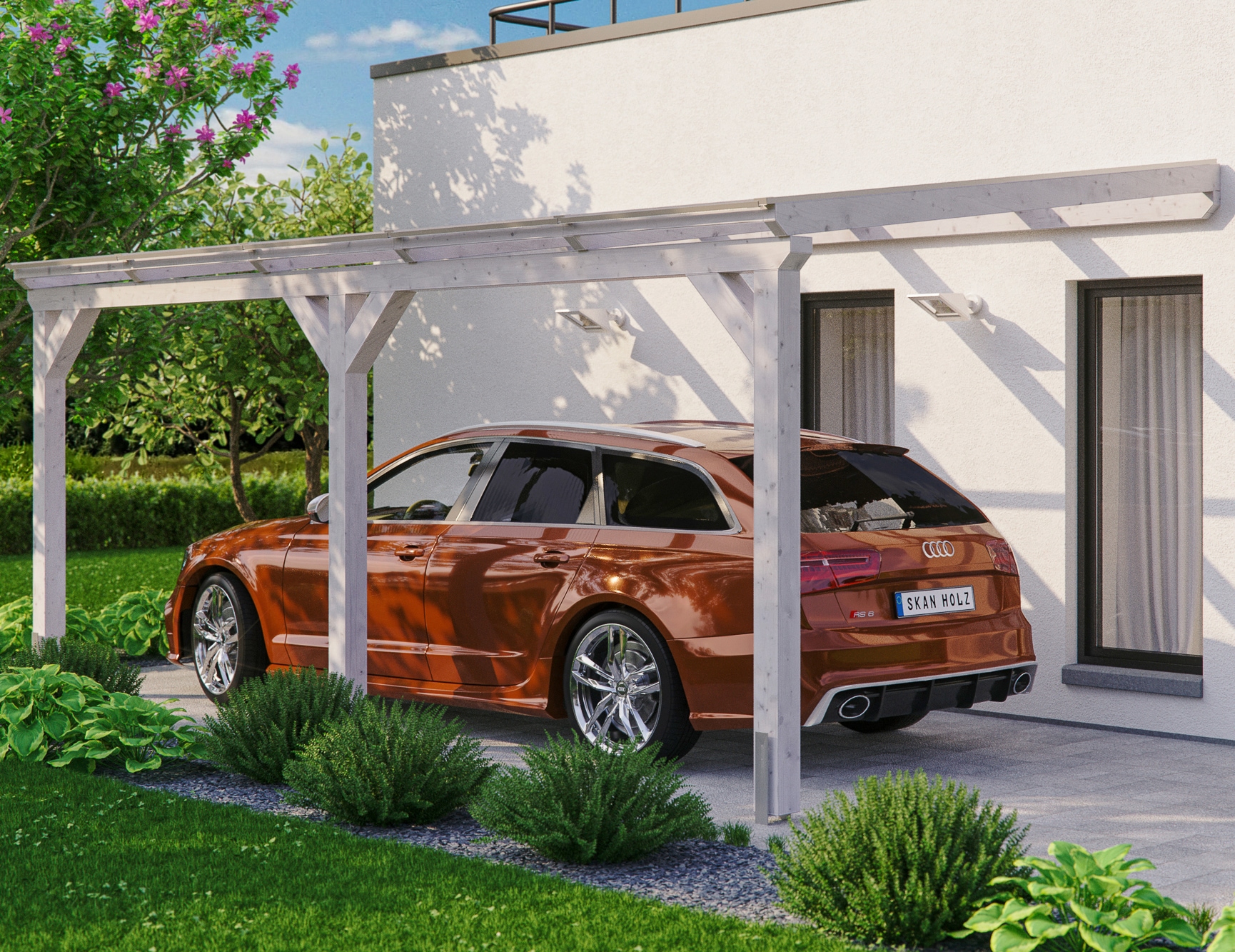 Skanholz Anlehncarport "Vogtland" Leimholz 276 cm weiß