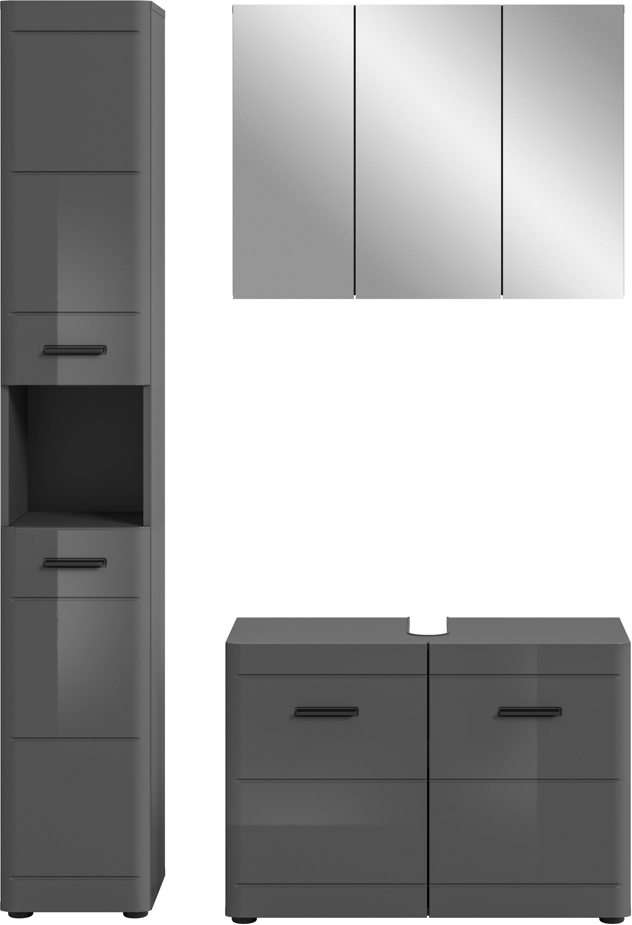 welltime Badmöbel-Set »Doux, bestehend aus: Hochschrank, Waschbeckenunterschrank,«, (3 St.), Spiegelschrank, hochwertige hochglanz MDF Front mit Rillenfräsung